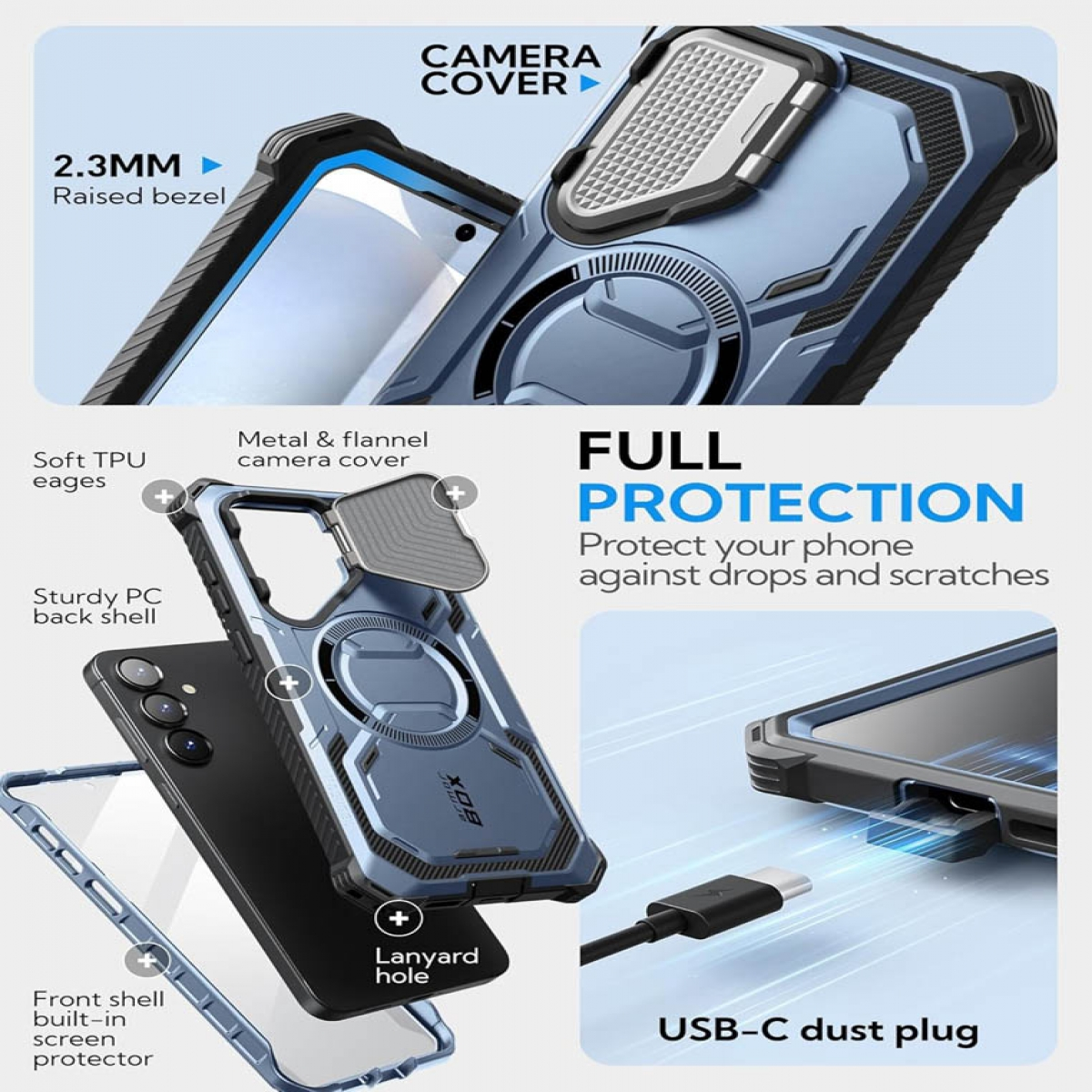 Blaue Handyhülle mit Funktionen wie Kameraabdeckung, Displayschutz und USB-C-Staubschutz.