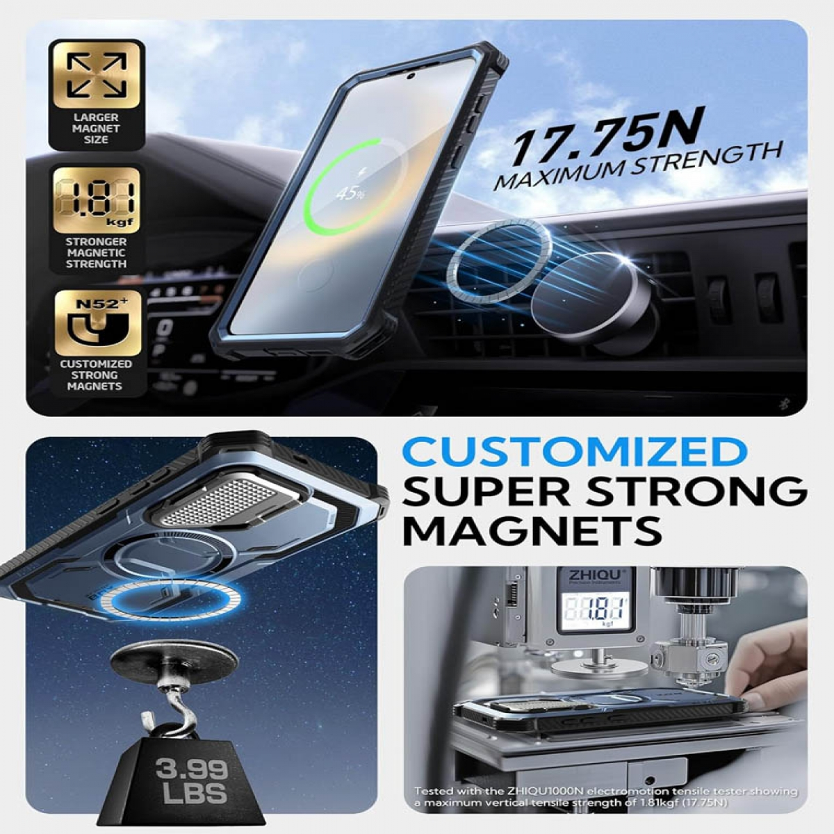 Ein Telefon in einer Hülle wird von einer Maschine getestet. Die Hülle und das Telefon haben Magnete.
