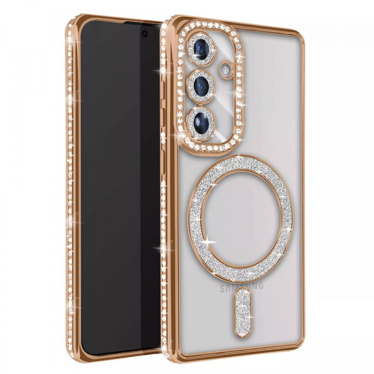 Goldenes Telefongehäuse mit Diamanten. Transparente Rückseite und Ring für die Kamera. Telefon ist schwarz.