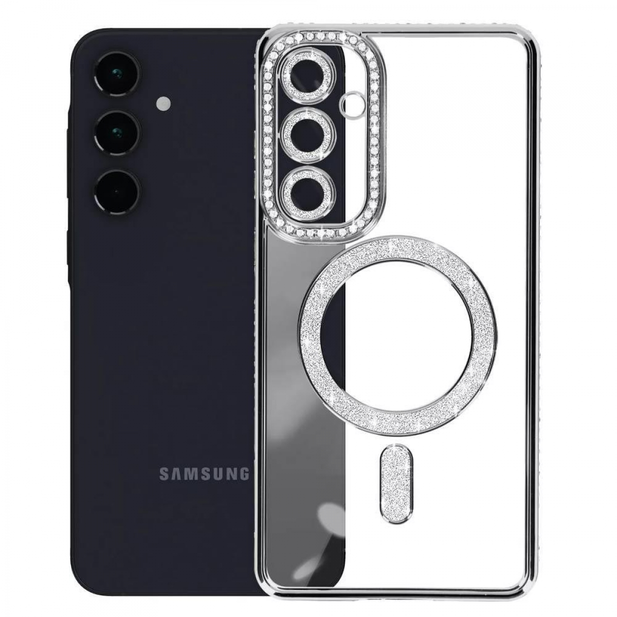Schwarzes Telefon und transparente Handyhülle mit Strasssteinen um die Kamera. Ein Ring und ein Magnetstreifen sind ebenfalls sichtbar.