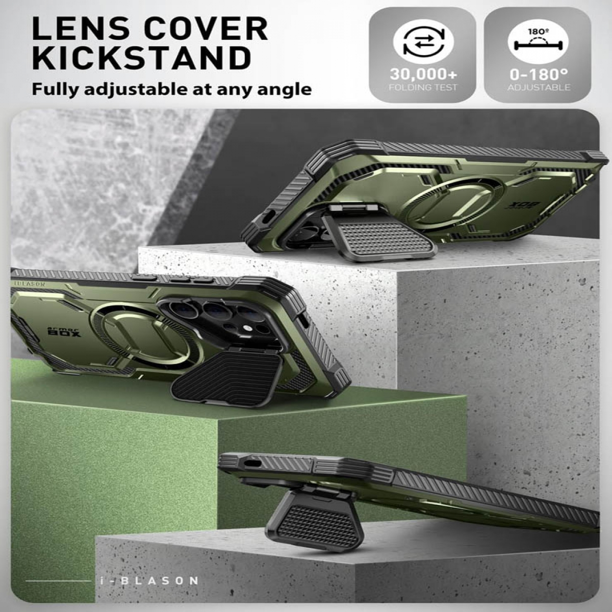 Grüne Handyhülle mit Ständer, in verschiedenen Positionen. Text: Lens Cover Kickstand, Winkel einstellbar.