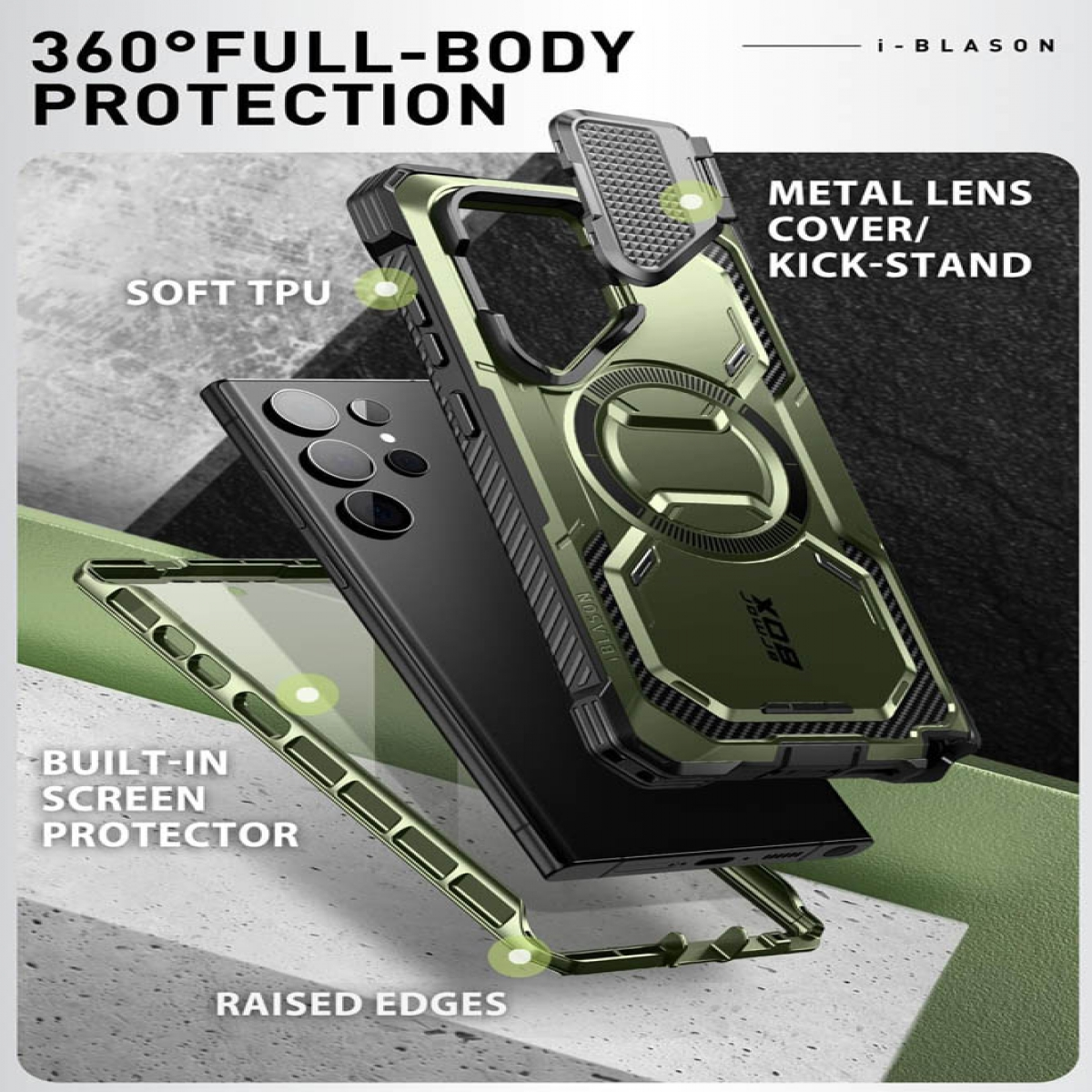 Eine Handyhülle mit Displayschutz, erhöhten Kanten und einer Metalllinsenabdeckung.