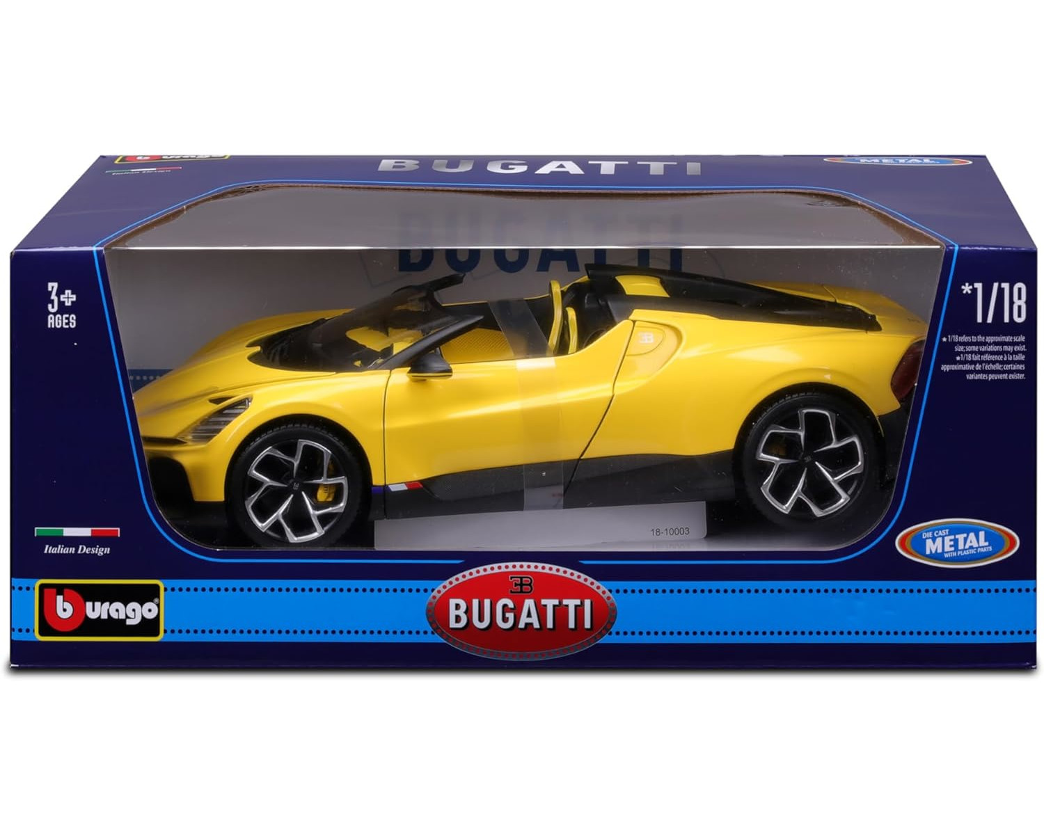 Gelbes Bugatti-Spielzeugauto in einer blauen Box. Die Box hat Text und Bilder.
