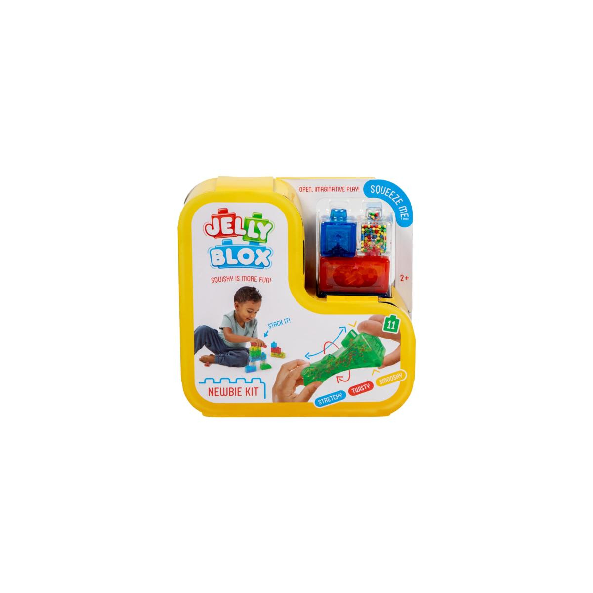 Set di giocattoli Jelly Blox con un bambino che gioca con i blocchi, testo e un giocattolo da spremere.