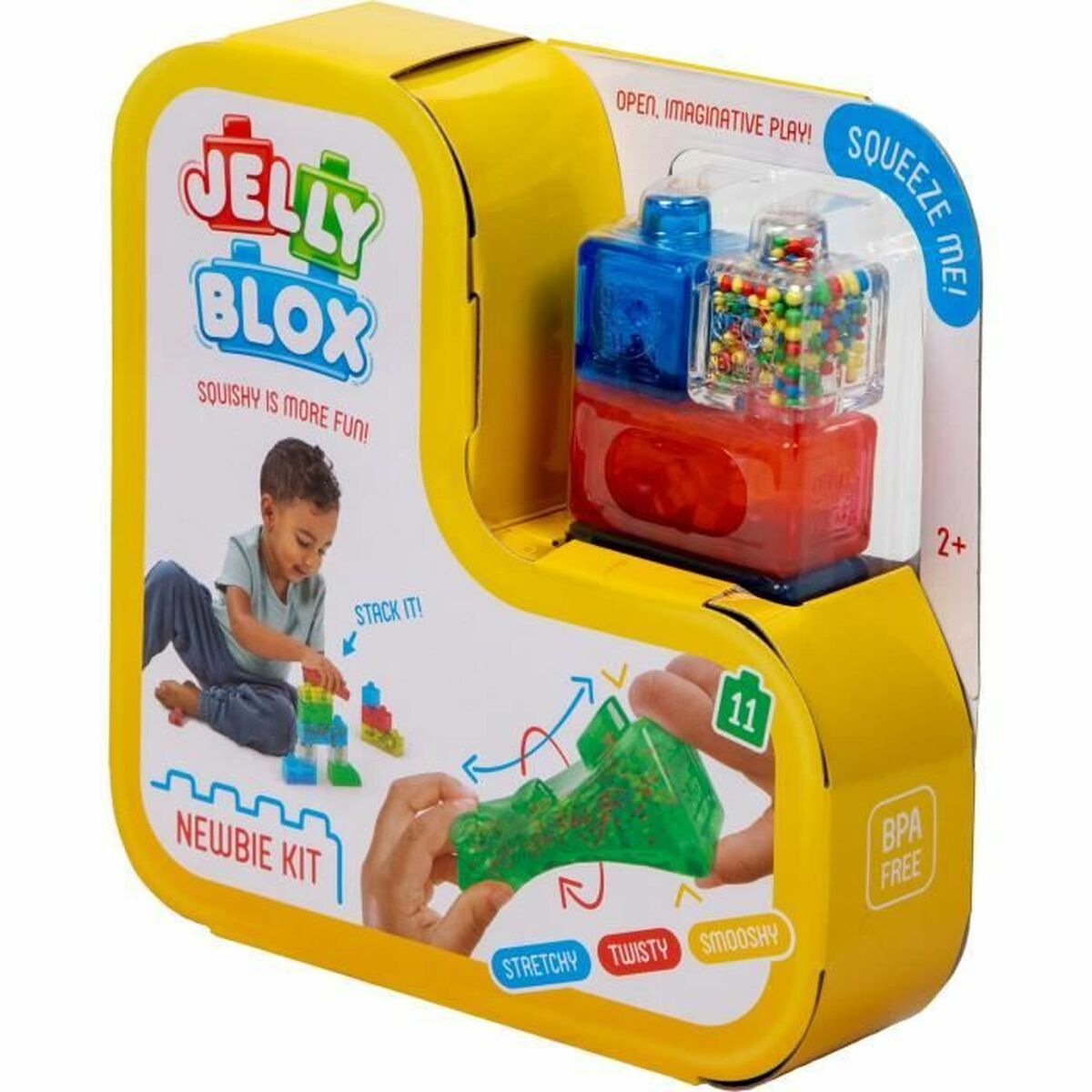 Una scatola gialla di giocattoli Jelly Blox. Un bambino è mostrato mentre gioca con il giocattolo.