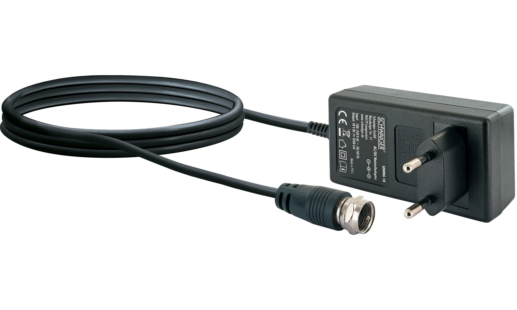 Schwarzes Netzteil mit schwarzem Kabel und Stecker, vor weißem Hintergrund.