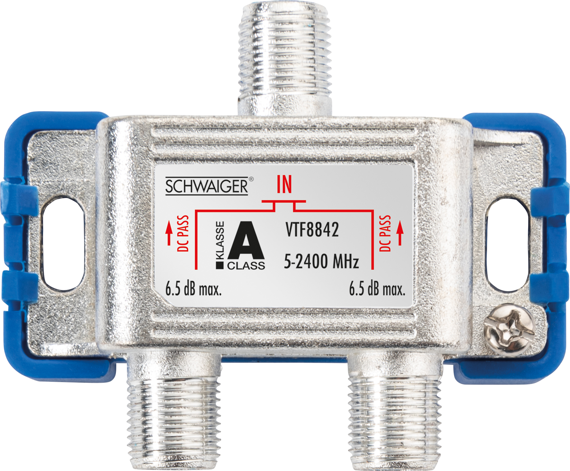 Ein silberner TV-Signal-Splitter mit blauen Kunststoffenden. Text und Pfeile kennzeichnen die Anschlüsse.