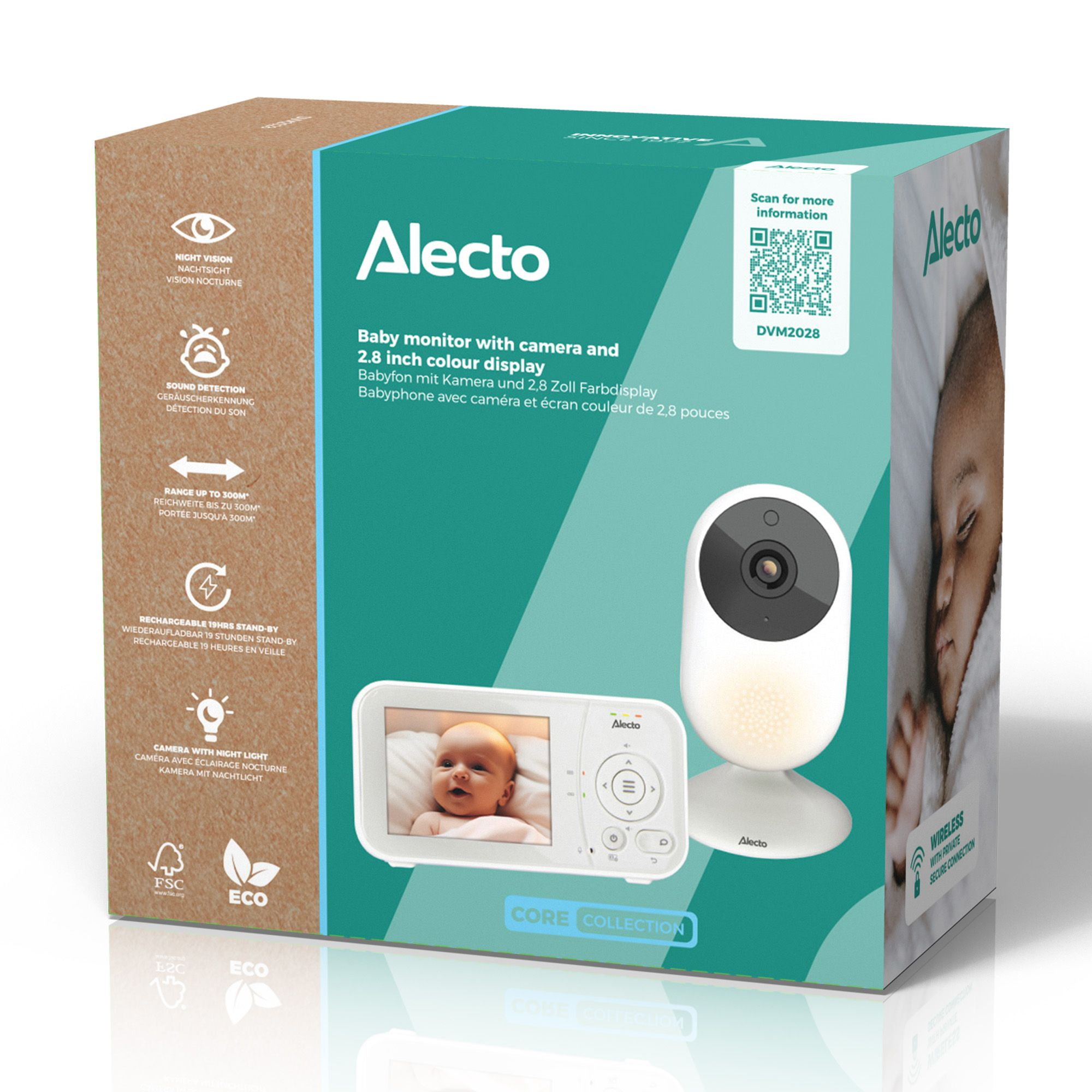 Box mit Babyphone, Kamera und Display, weißer Monitor und Kamera rechts.