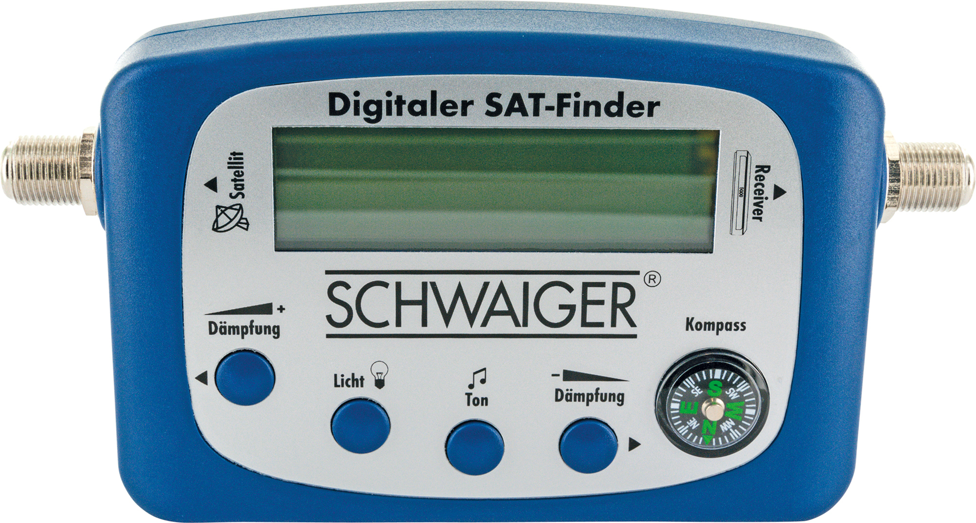 Blau-weißer digitaler SAT-Finder mit Eingängen, Knöpfen und Kompass.