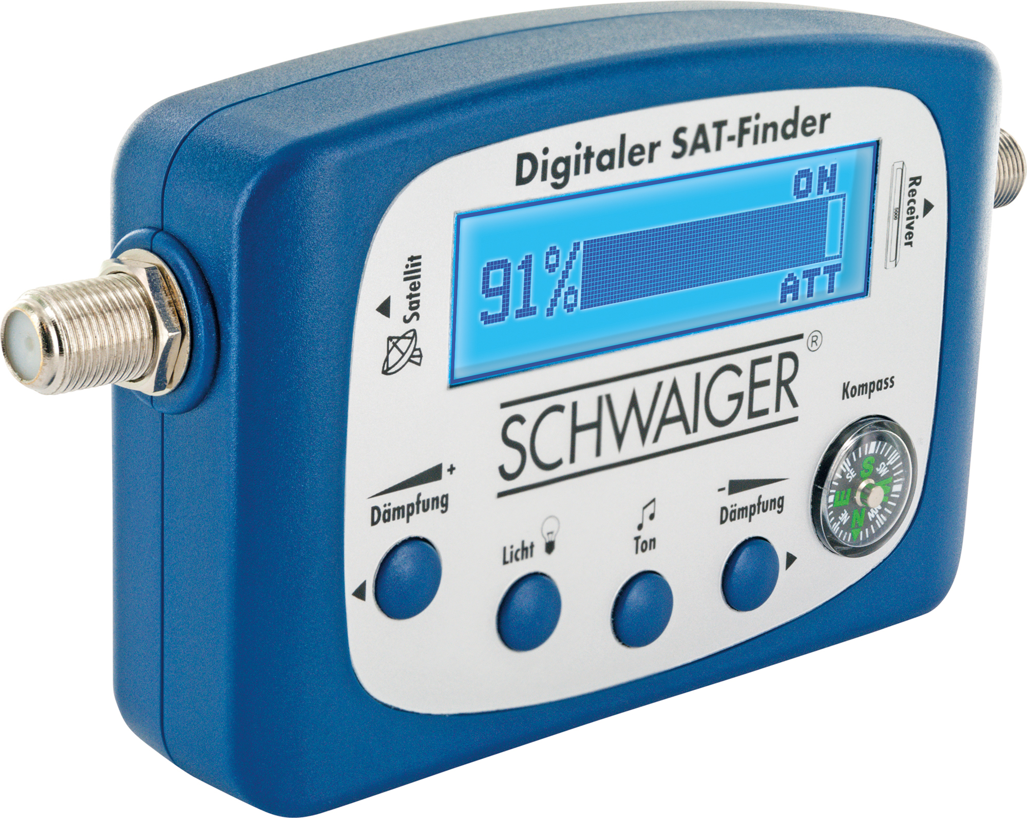 Ein blaues und weißes digitales SAT-Finder-Gerät. Es zeigt einen Prozentsatz und hat Knöpfe und einen Kompass.