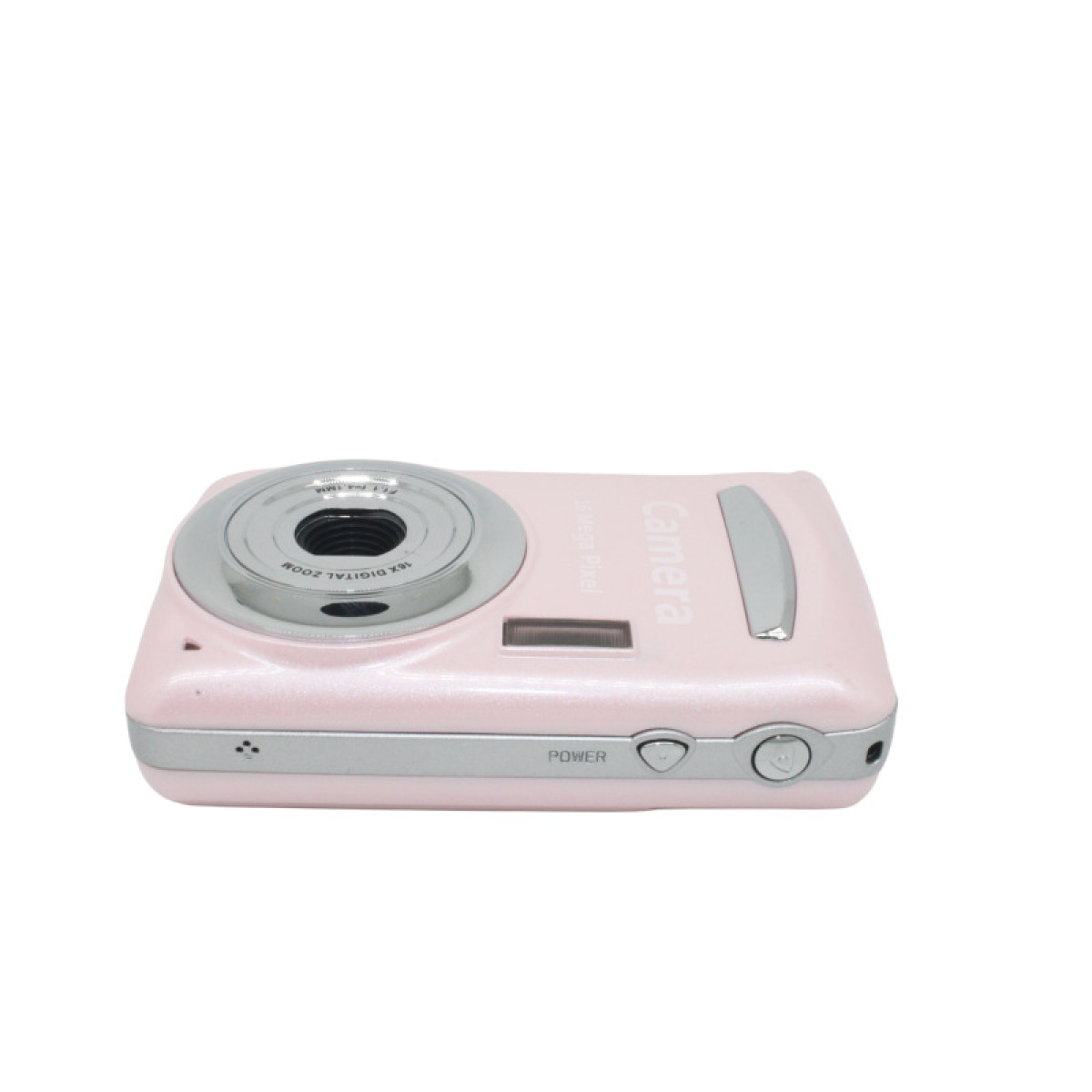 Różowy aparat cyfrowy na białym tle. Aparat ma obiektyw i przyciski.