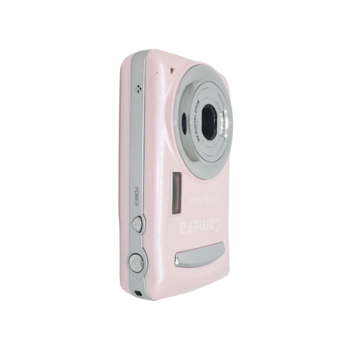 Różowy aparat cyfrowy. Aparat znajduje się na białym tle.