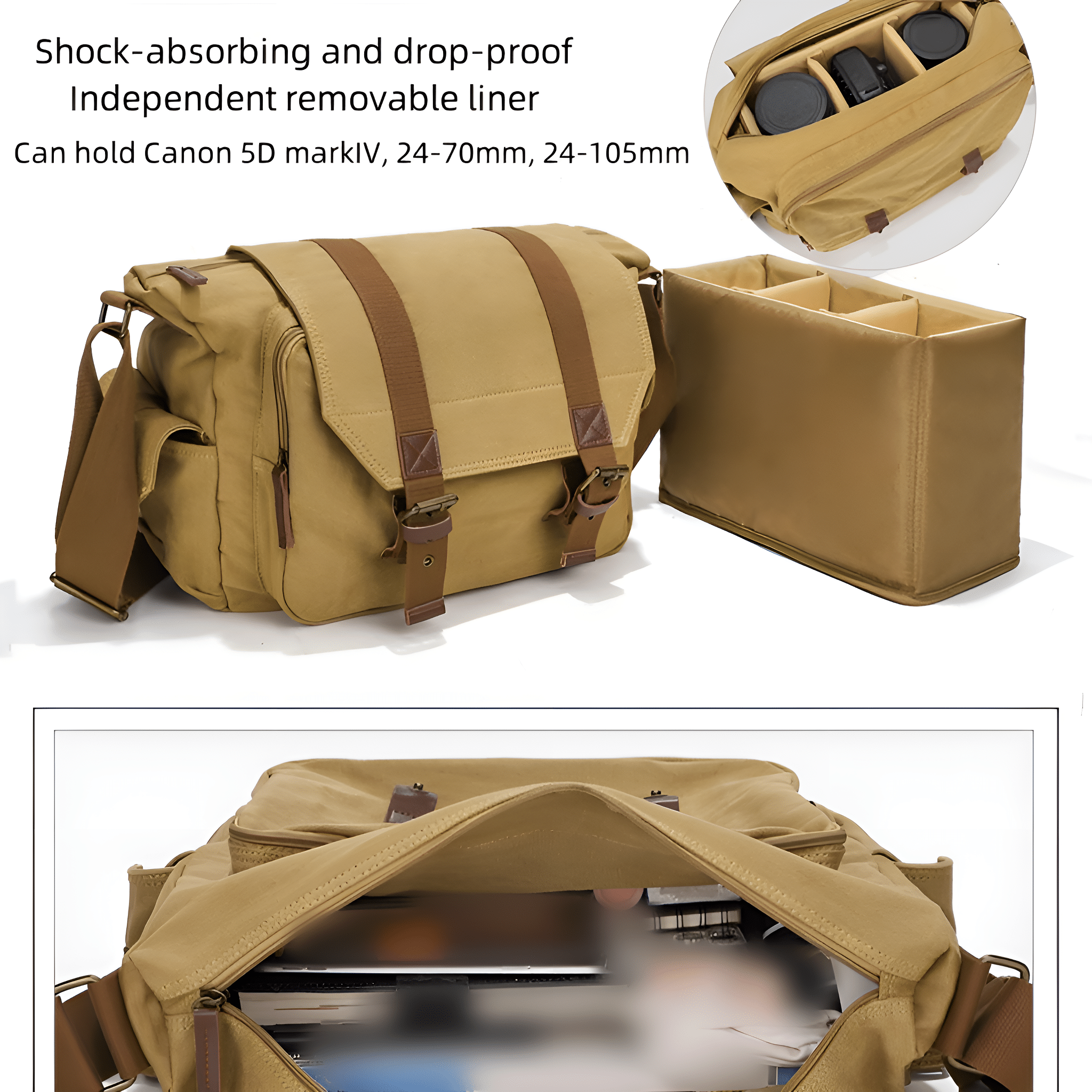 Beige Kameratasche mit braunen Riemen und herausnehmbarem Innenfutter. Text beschreibt Merkmale.