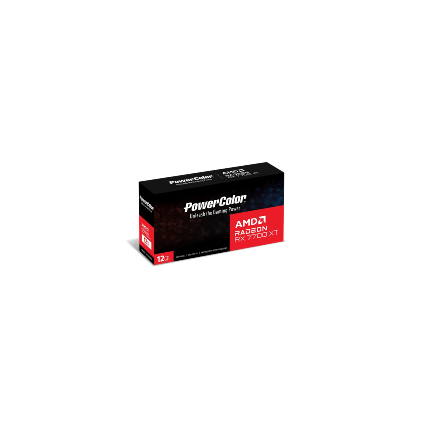 Una scatola di scheda grafica PowerColor nera e rossa su sfondo bianco, con il logo AMD Radeon.
