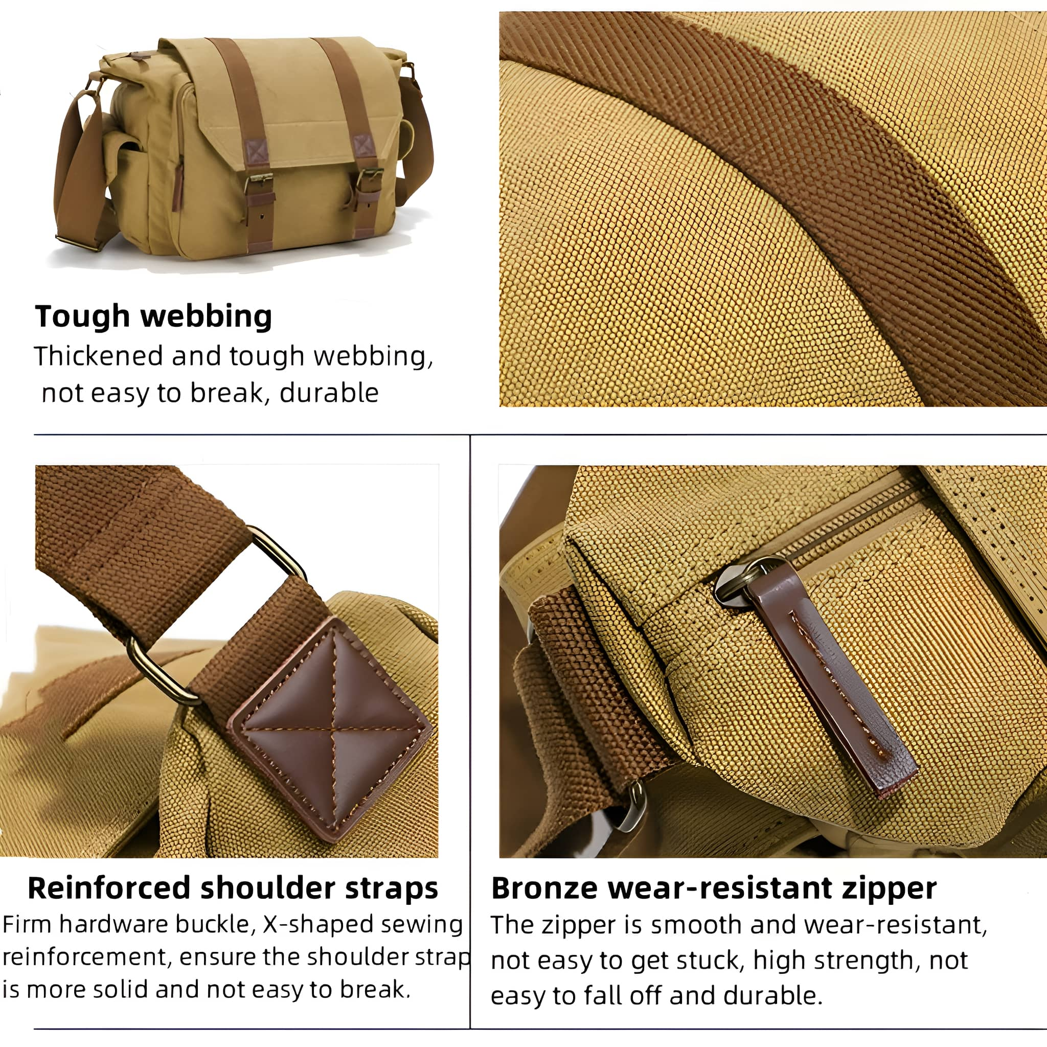 Beige Kameratasche mit mehreren Fächern. Enthält robustes Gurtband, verstärkte Riemen und einen verschleißfesten Reißverschluss.