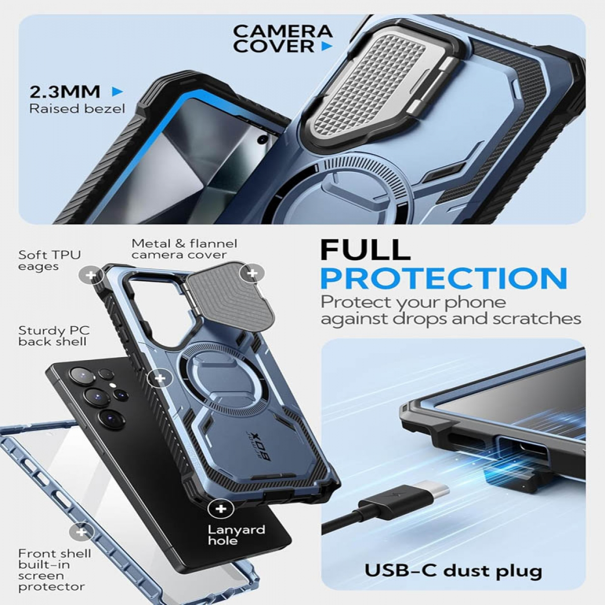 Das Bild zeigt eine Handyhülle mit Funktionen wie erhöhter Blende, Kameraabdeckung und USB-C-Staubschutz. Die Hülle bietet vollen Schutz.
