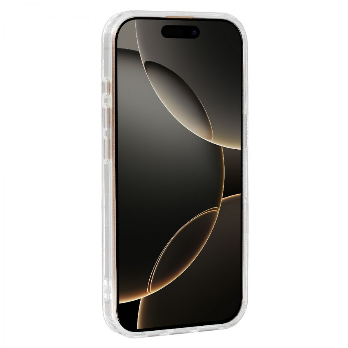 iPhone in einer transparenten Hülle, zeigt den Bildschirm mit goldfarbenem Design.