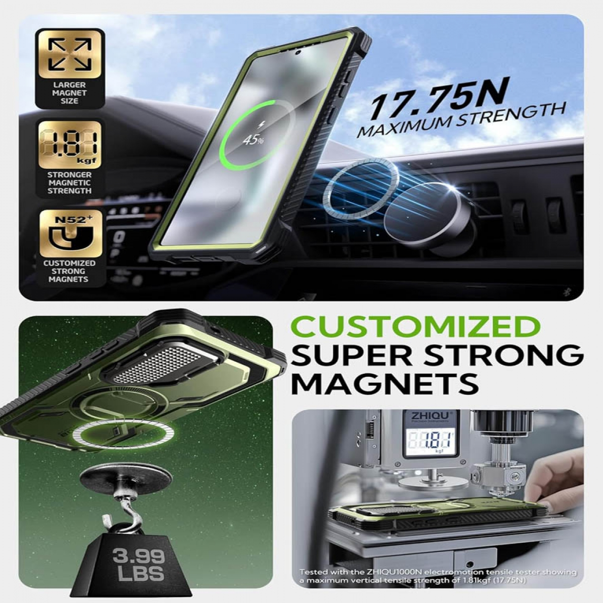 Handyhülle an Lüftung mit Magneten. Text: Customized Strong Magnets.