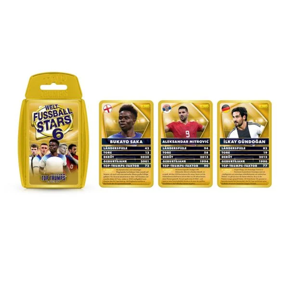 Eine gelbe Schachtel mit Top Trumps-Karten. Drei Karten werden mit Fußballspielern gezeigt. Der Hintergrund ist weiß.