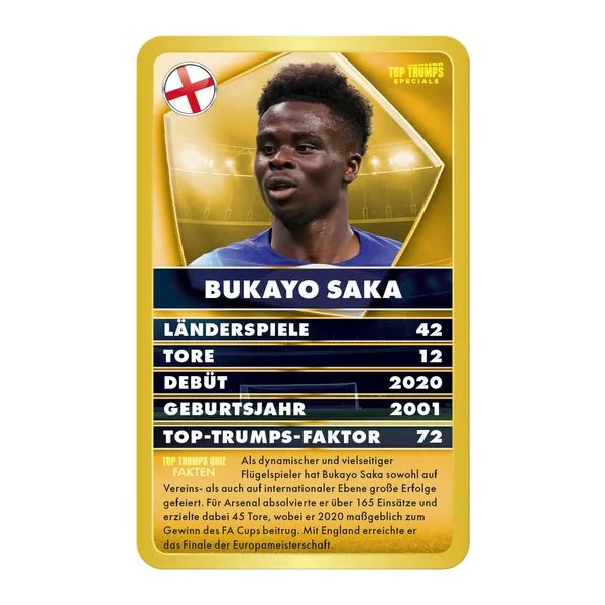 Bukayo Saka Top Trumps Karte. Statistiken: 42 Spiele, 12 Tore, Debüt 2020, geboren 2001.
