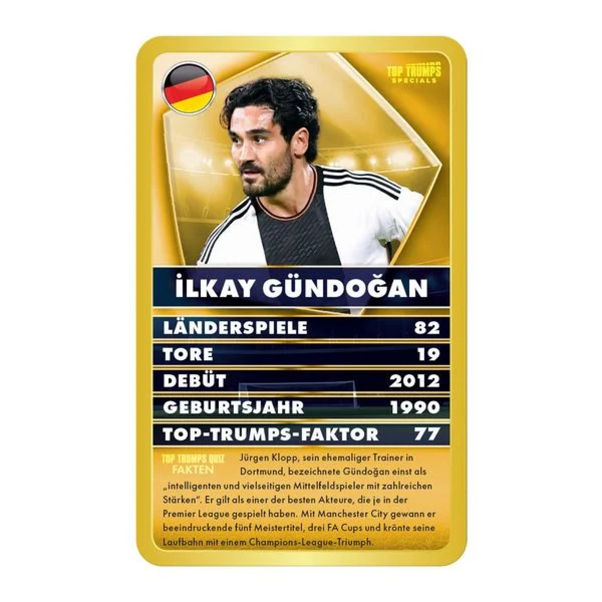 Eine Sammelkarte von Ilkay Gündoğan mit Statistiken. Eine deutsche Flagge in der Ecke.