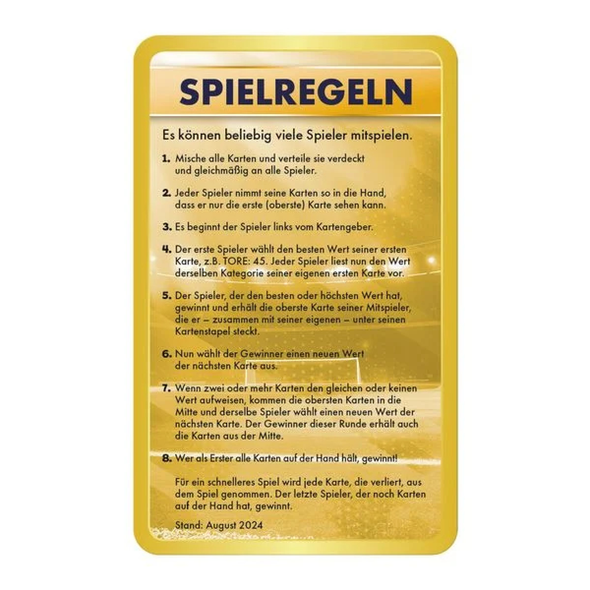 Kartenspielregeln auf gelbem Hintergrund. Text auf Deutsch, mit mehreren nummerierten Regeln.