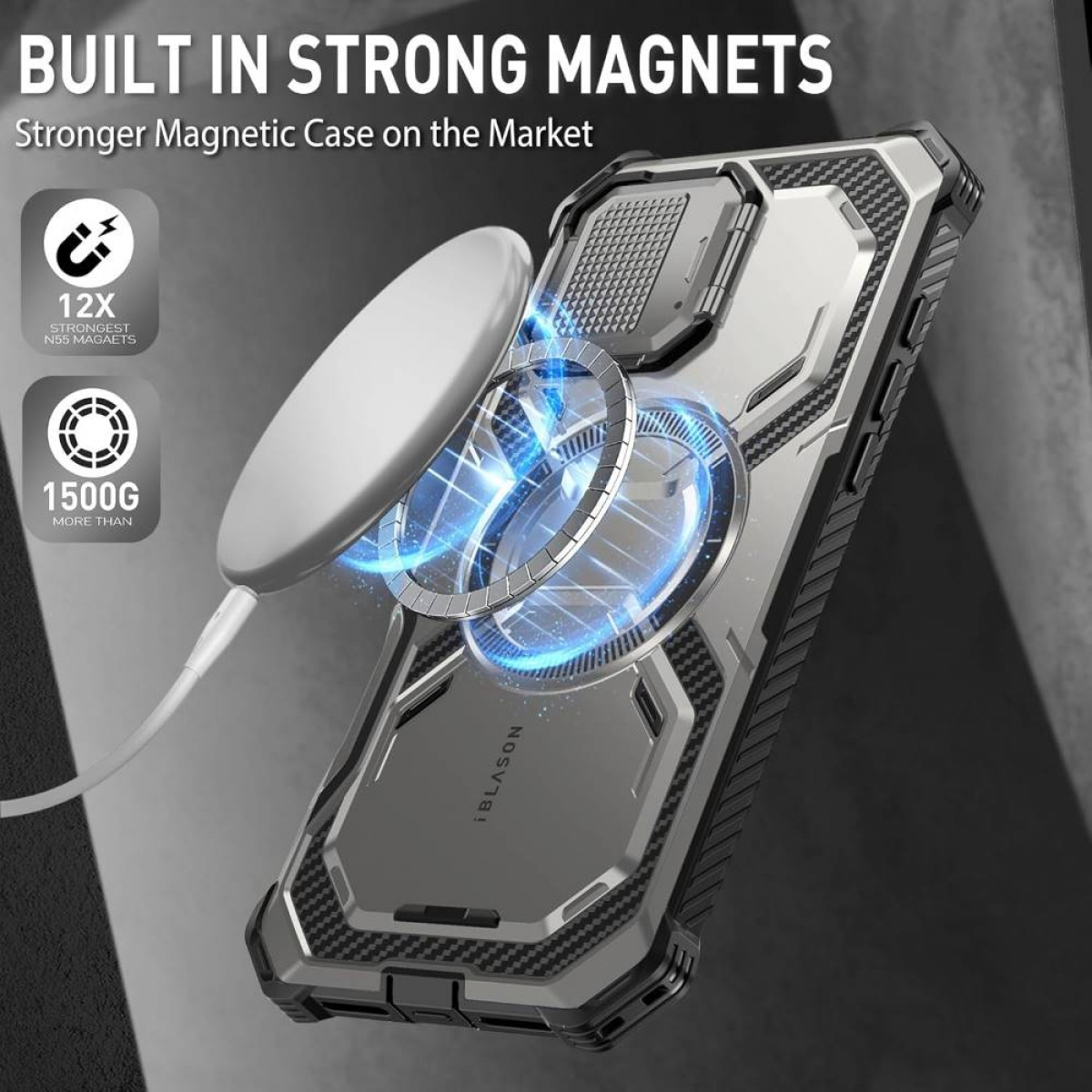 Handyhülle mit Magneten. Ein Magnet ist an der Rückseite der Handyhülle angebracht.