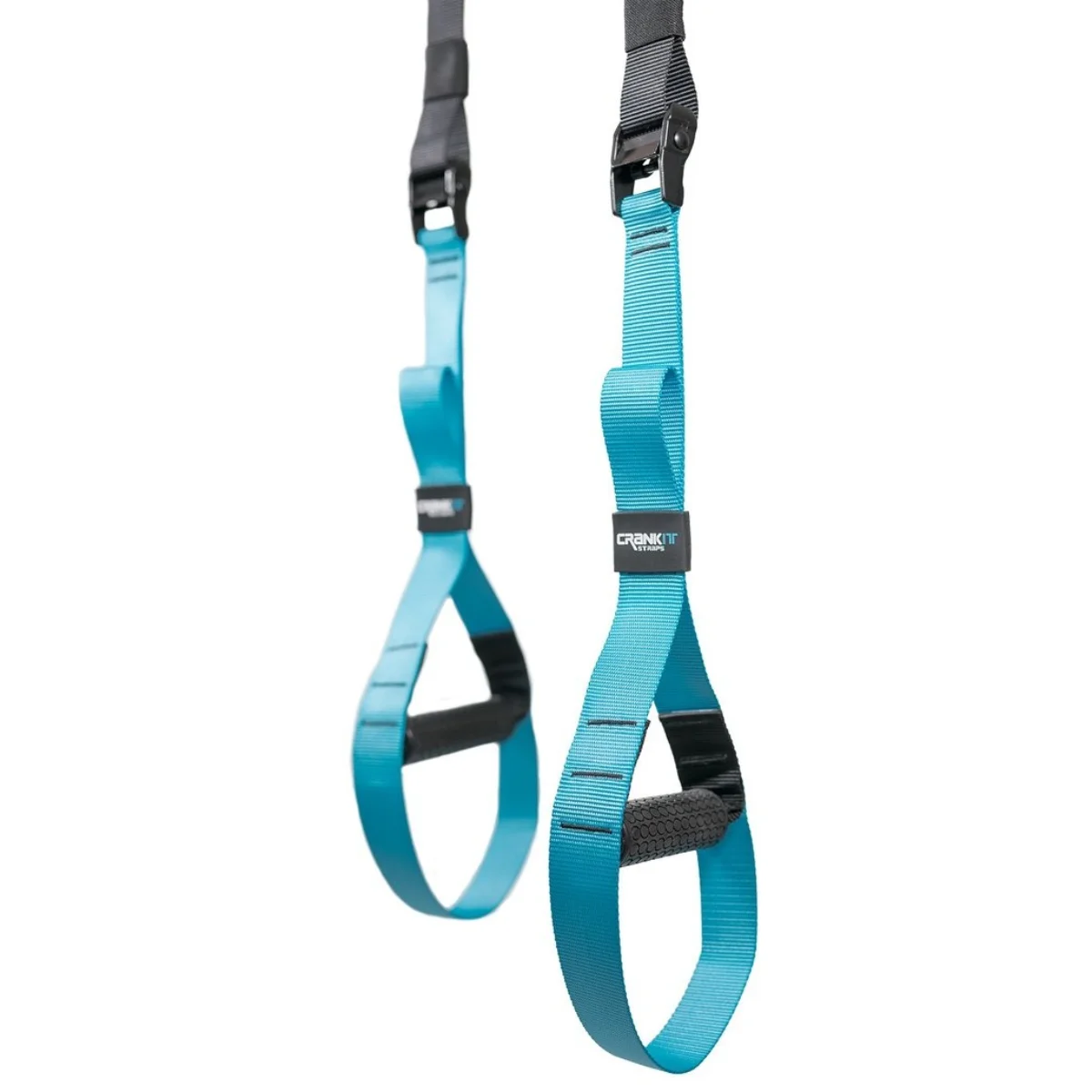 Paar blaue TRX-Gurte hängen mit schwarzen Griffen.