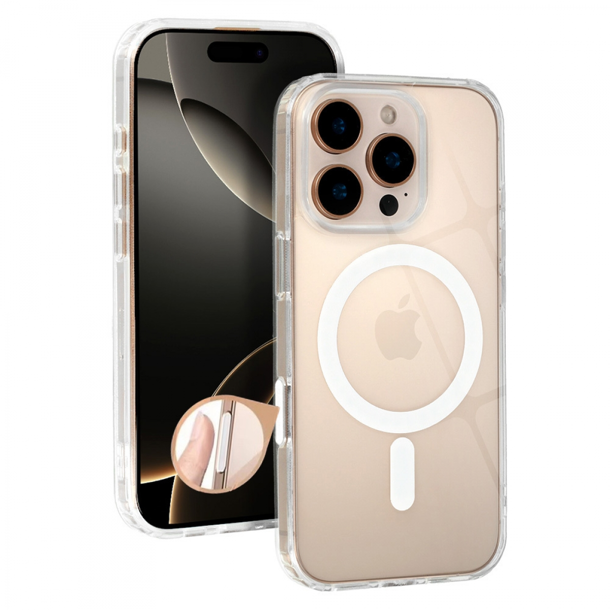 iPhone mit durchsichtiger Hülle, MagSafe-Ring sichtbar. Das Telefon ist goldfarben.