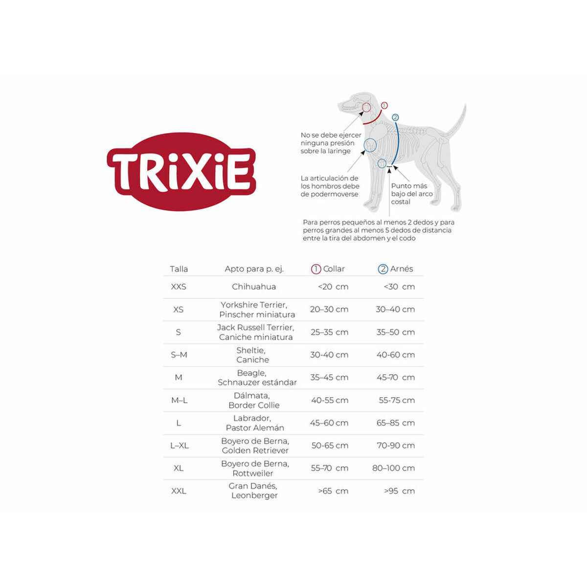 Größentabelle für Hunde-Geschirre. Enthält Hundediagramm und Größentabelle.