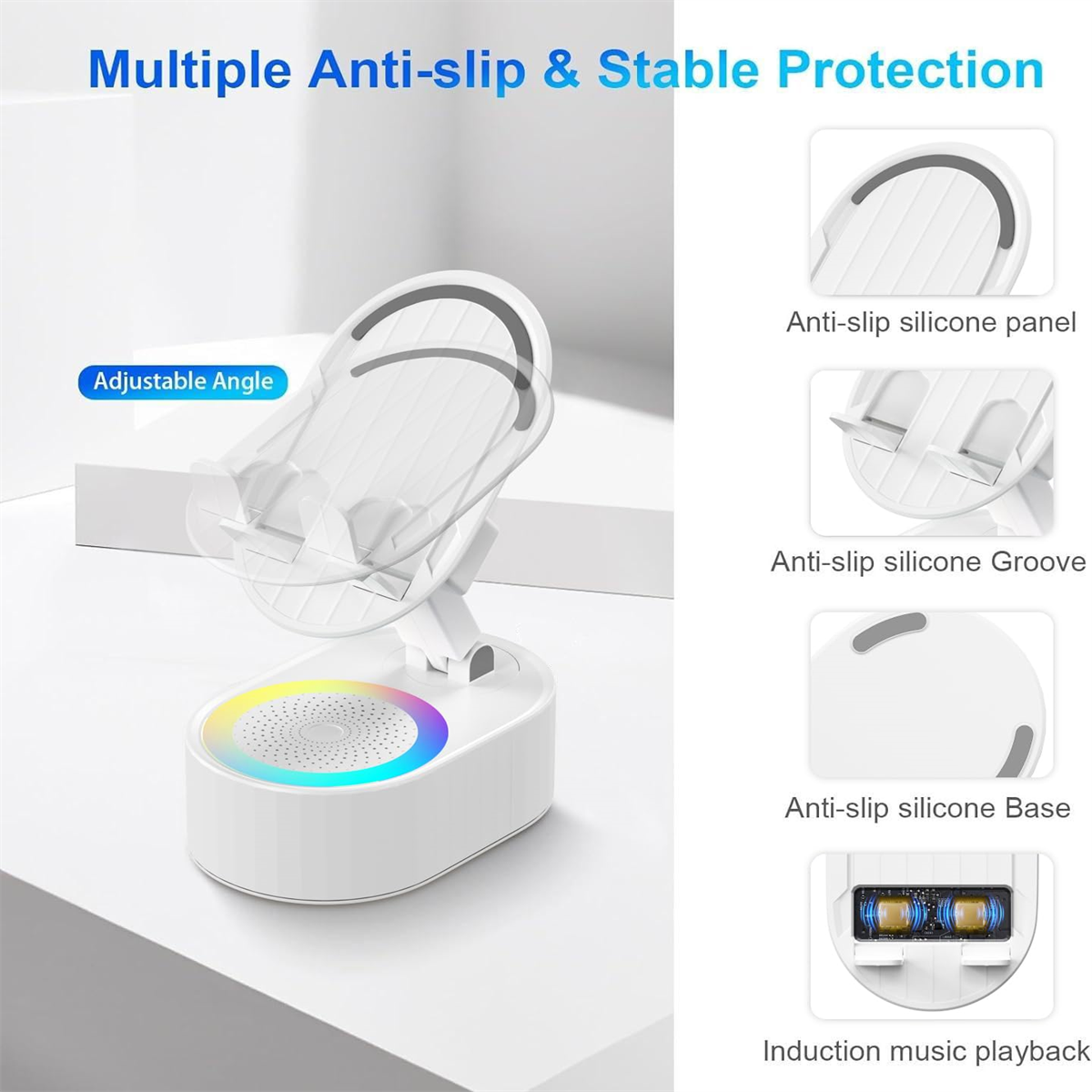 Ein weißer Telefonhalter mit verstellbarem Winkel, mit Illustrationen von Anti-Rutsch-Funktionen. Weißer Hintergrund.