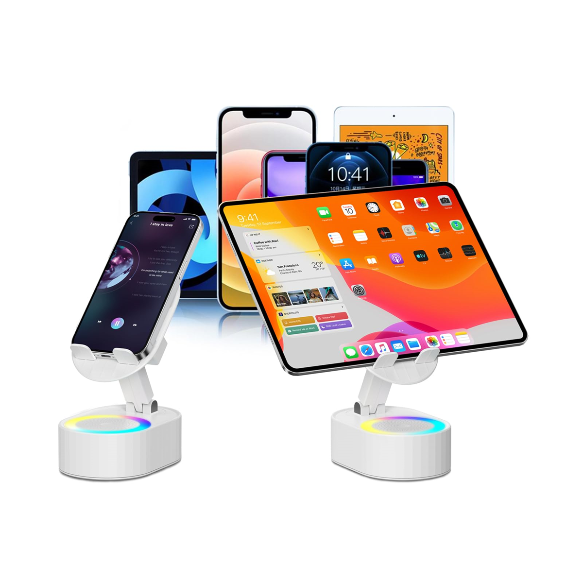 Mehrere Telefone und Tablets auf Ständern. Weiße Ständer mit bunten Lichtern. Weißer Hintergrund.