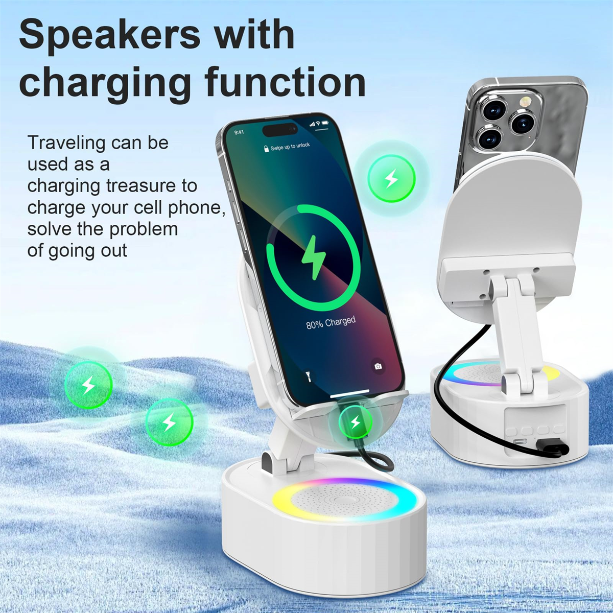 Eine Telefonladestation mit einem Telefon darauf, mit Ladesymbolen und einem anderen Telefon.