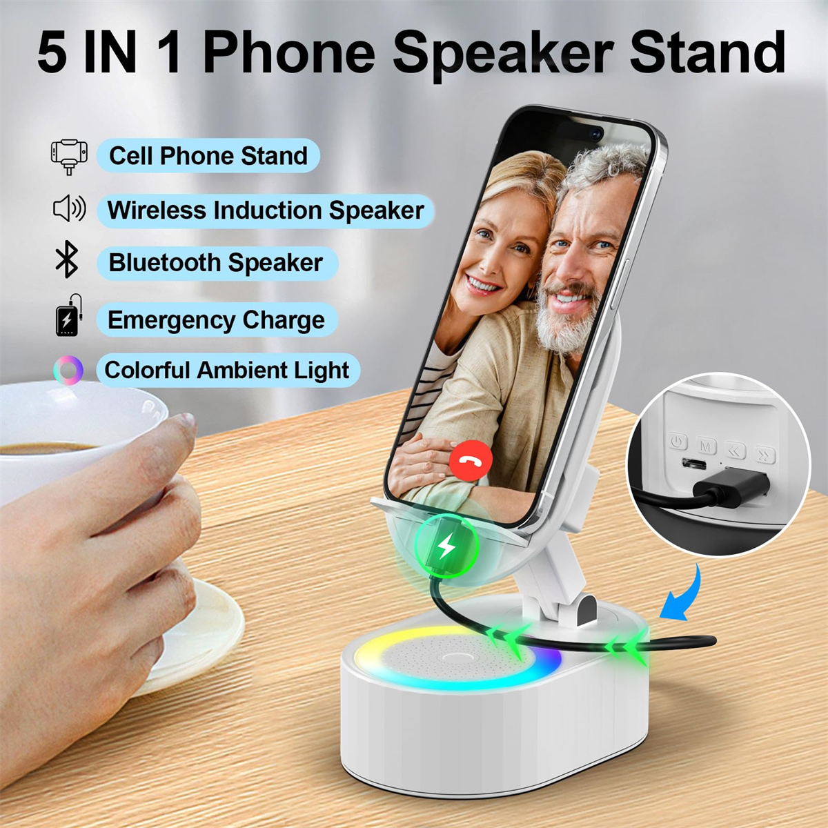 Telefon-Lautsprecherständer mit Telefon, das ein Paar zeigt. Weiße Basis mit bunten Lichtern.