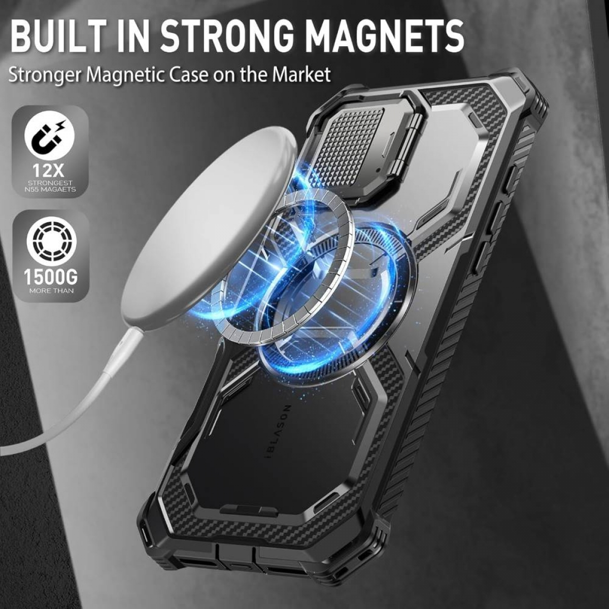 Handyhülle mit starken Magneten. Ein weißes, magnetisches Ladegerät ist an der Hülle befestigt.
