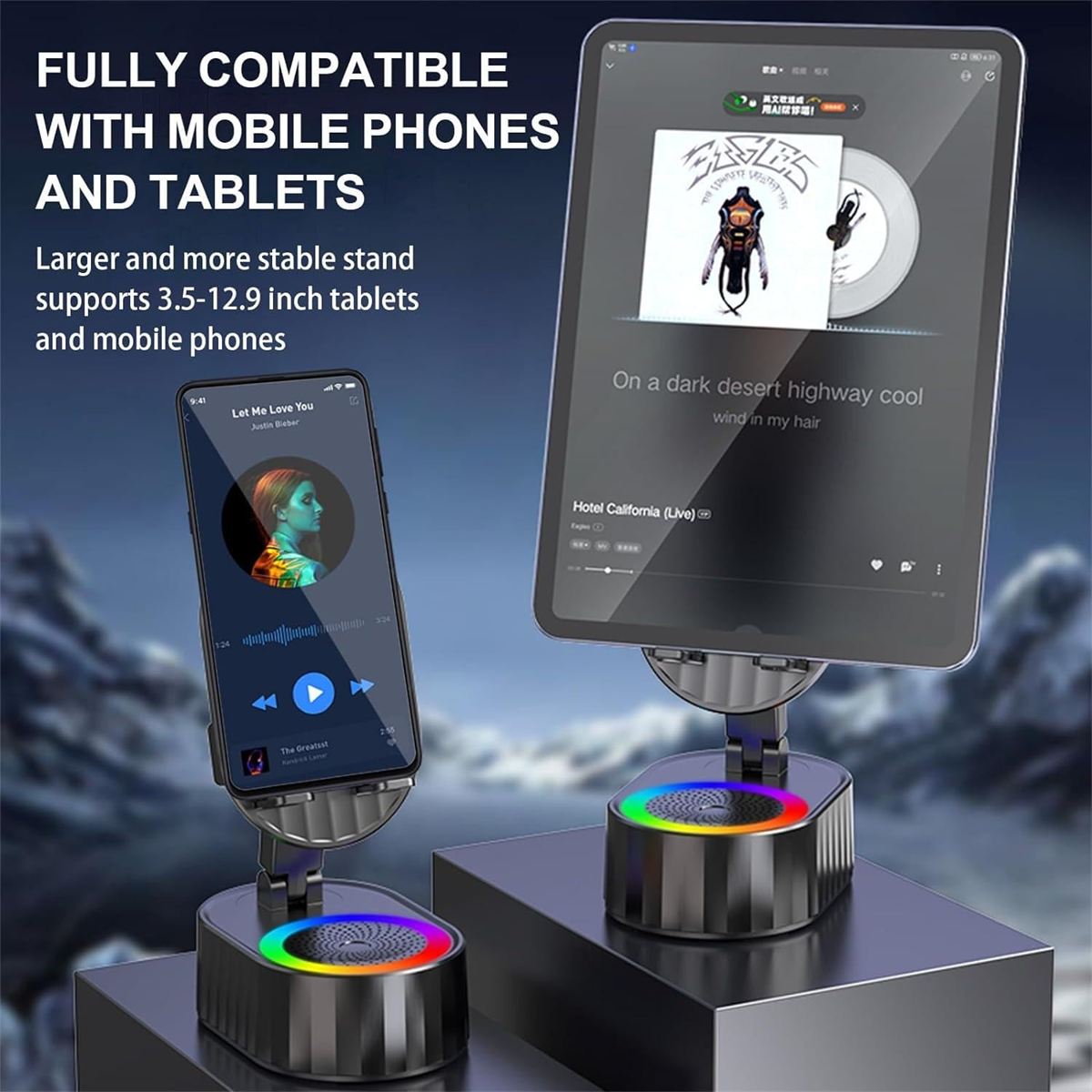 Schwarze Telefon- und Tablet-Ständer. Tablets zeigen Musik. Ständer haben Regenbogenlichter.