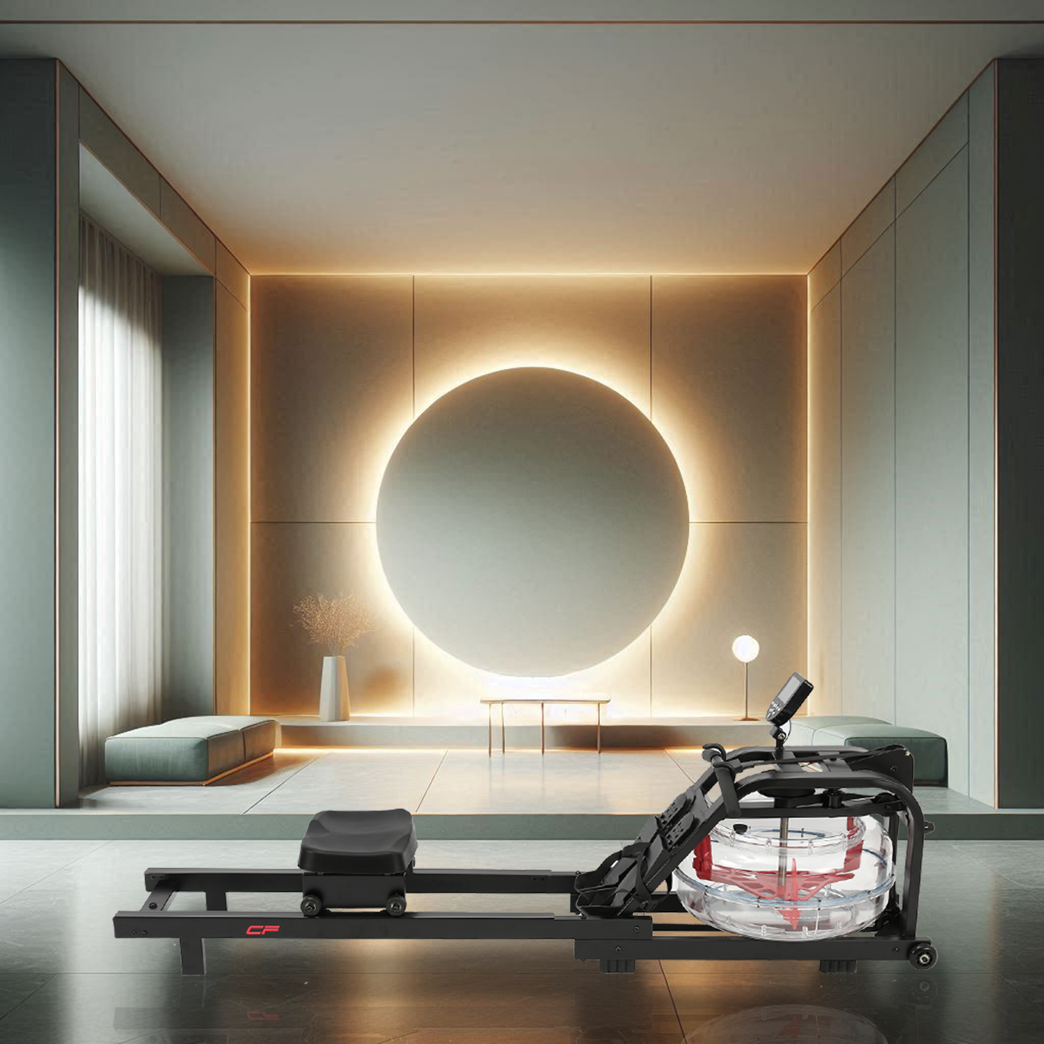 Salle de sport à domicile moderne avec rameur, grand décor mural rond et éclairage ambiant.