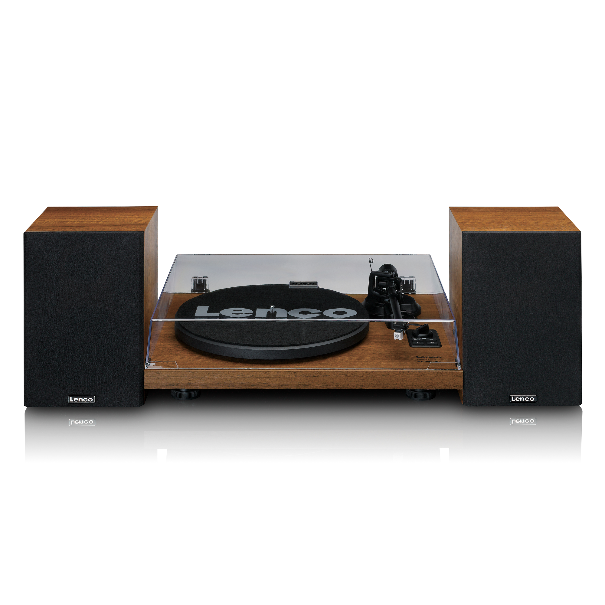 Turntable with speakers on each side. The speakers have black fronts and the turntable is brown.