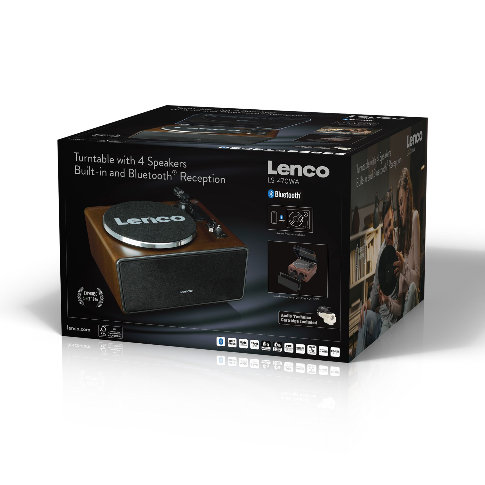 Pudełko gramofonu Lenco z wbudowanymi głośnikami i Bluetooth, z gramofonem i ludźmi.