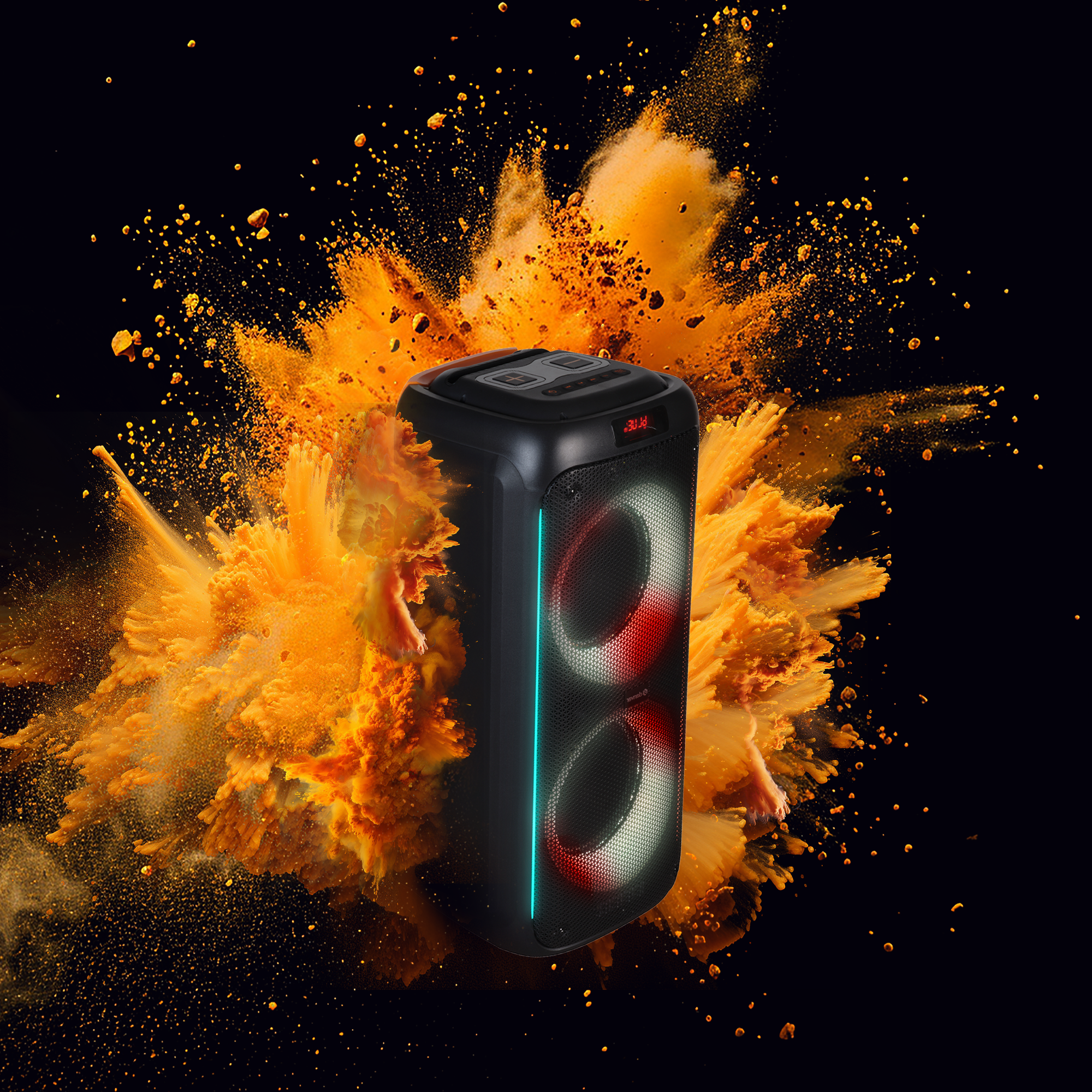 Un haut-parleur noir avec deux cercles lumineux blancs et rouges, entouré d'un nuage orange sur fond noir.