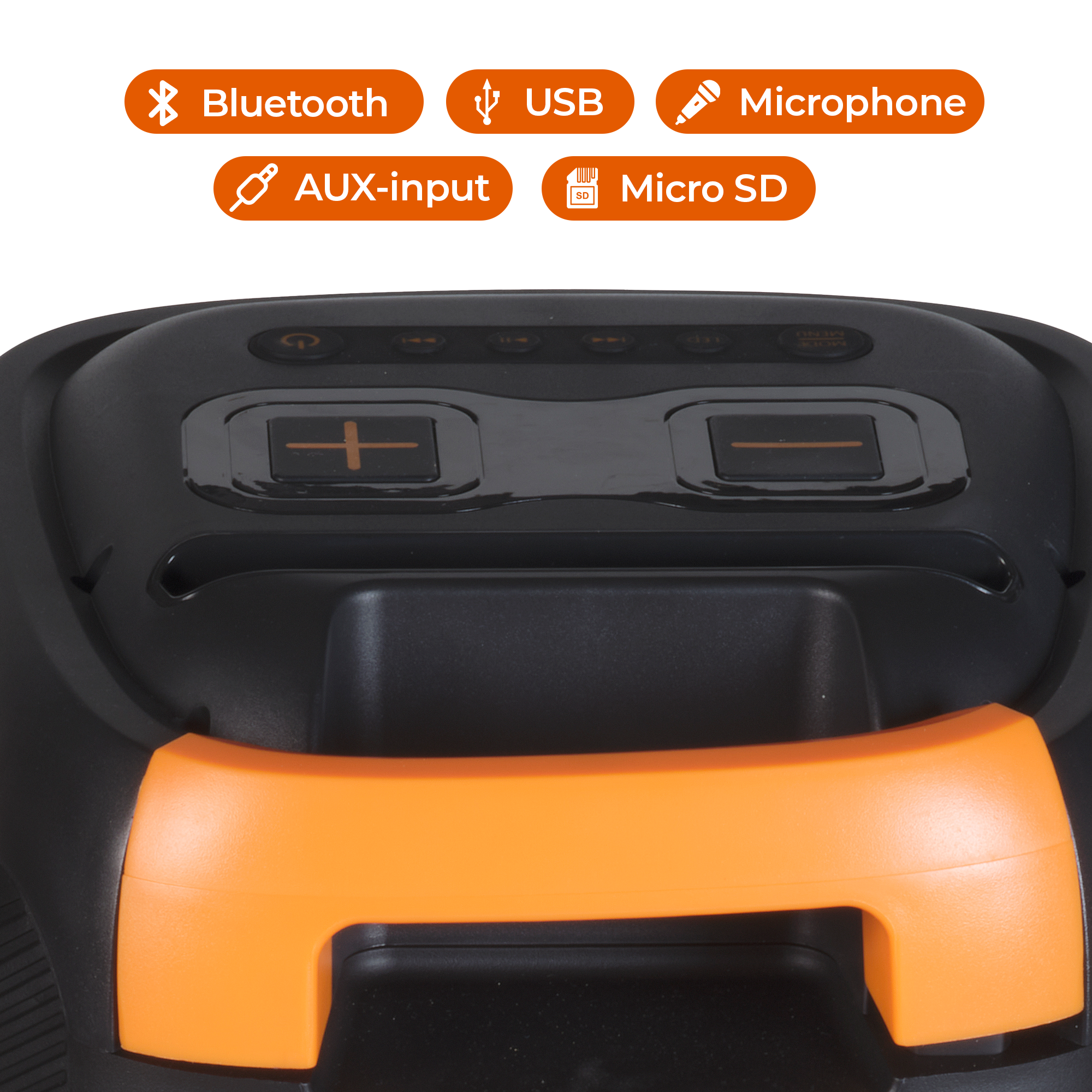 Haut-parleur noir et orange avec plusieurs options d'entrée, dont Bluetooth et USB.