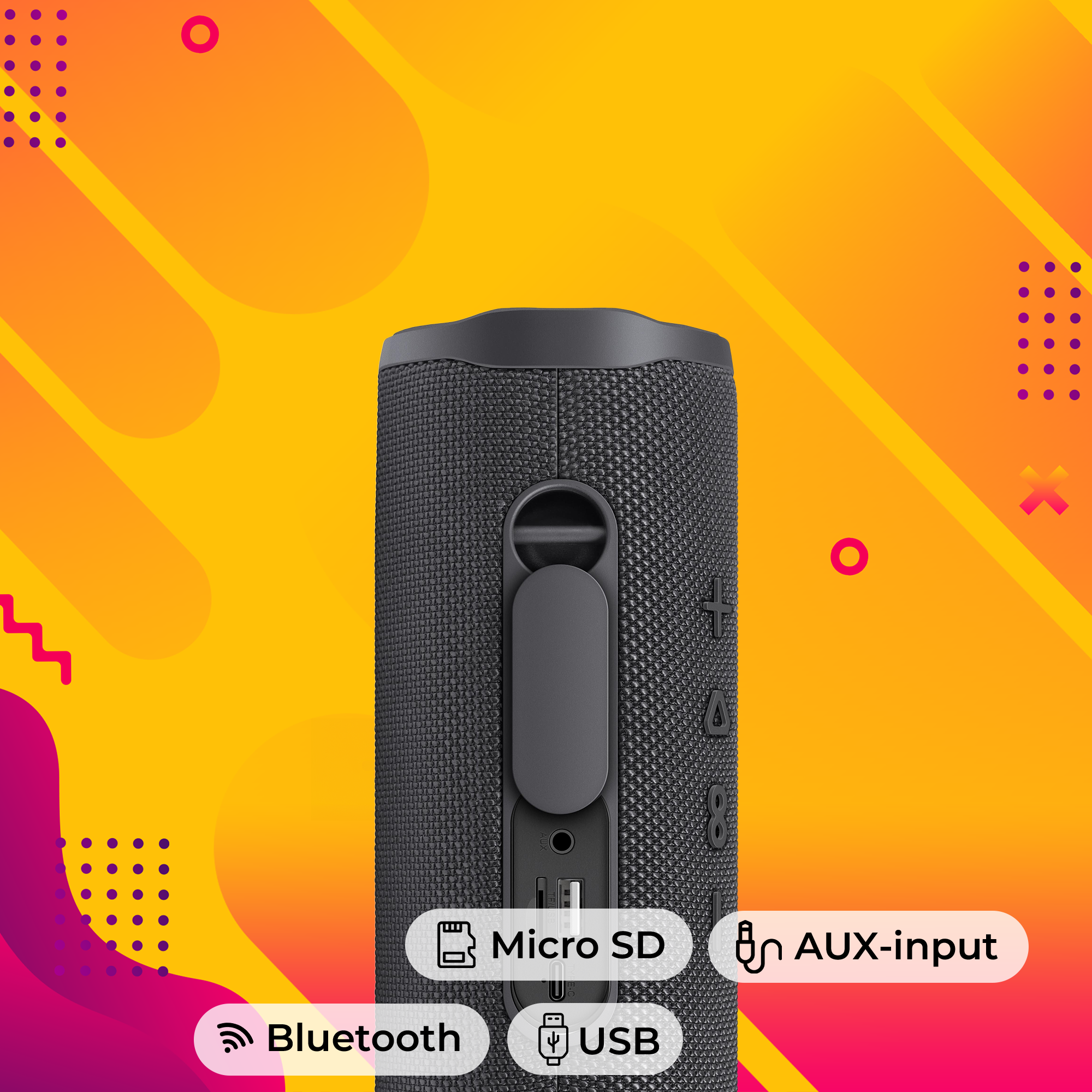 Czarny cylindryczny głośnik Bluetooth z portami Micro SD, USB i wejściem AUX na gradientowym tle.