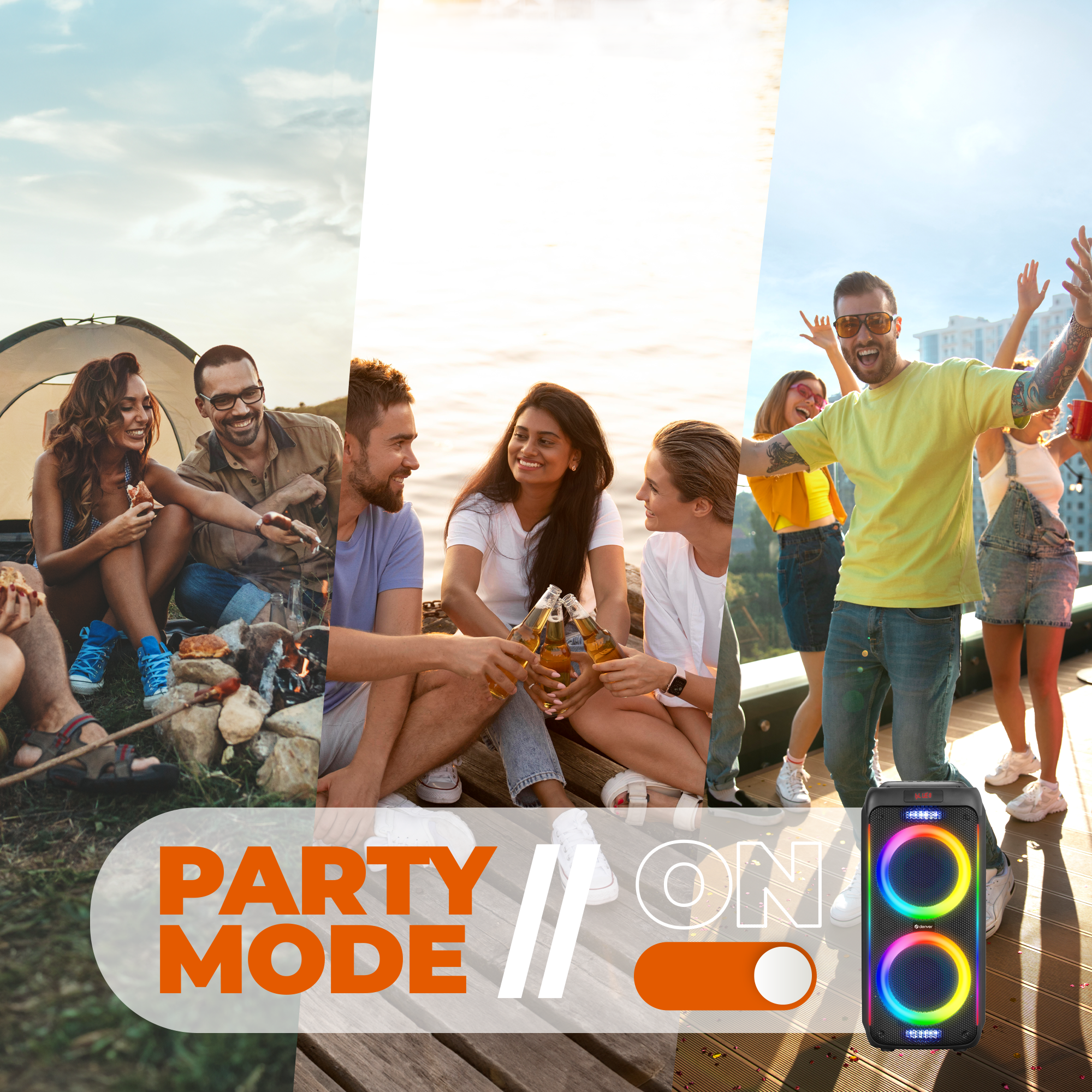 Scène de fête avec des gens, un haut-parleur et un interrupteur marche/arrêt.