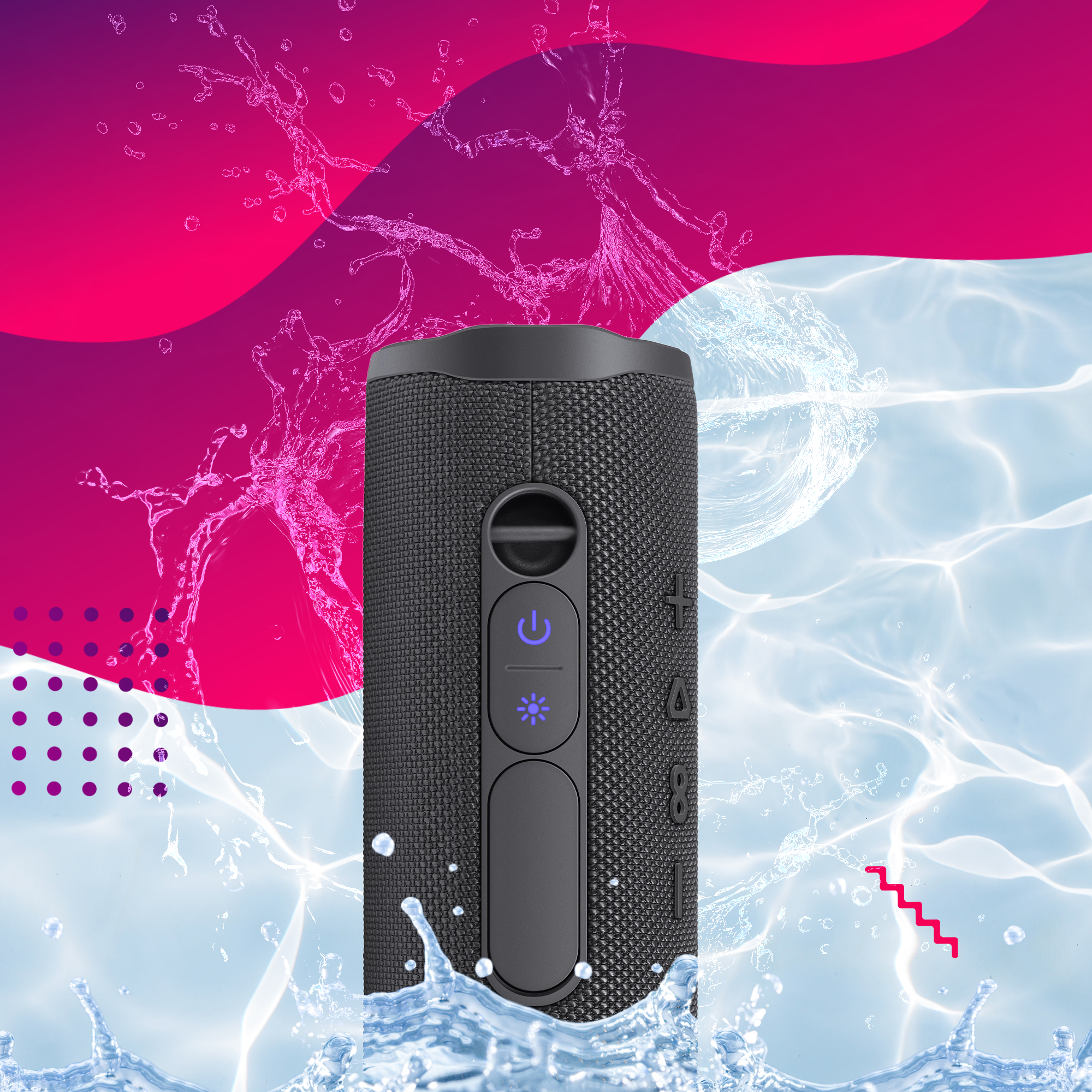 Czarny głośnik z efektem rozprysku wody, umieszczony na niebieskiej wodzie z akcentami kolorystycznymi.