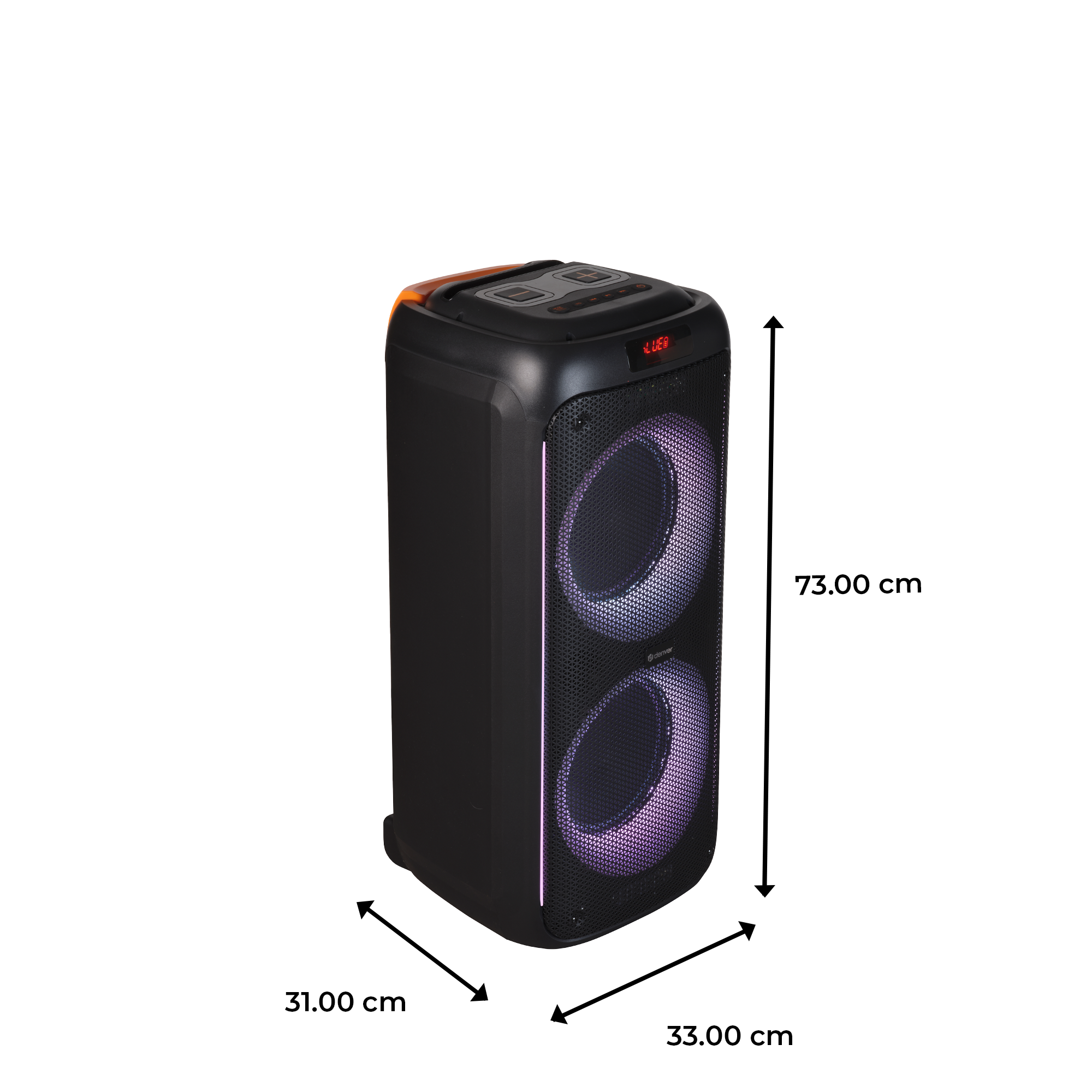 Un haut-parleur noir avec des lumières violettes et des marqueurs de dimensions.