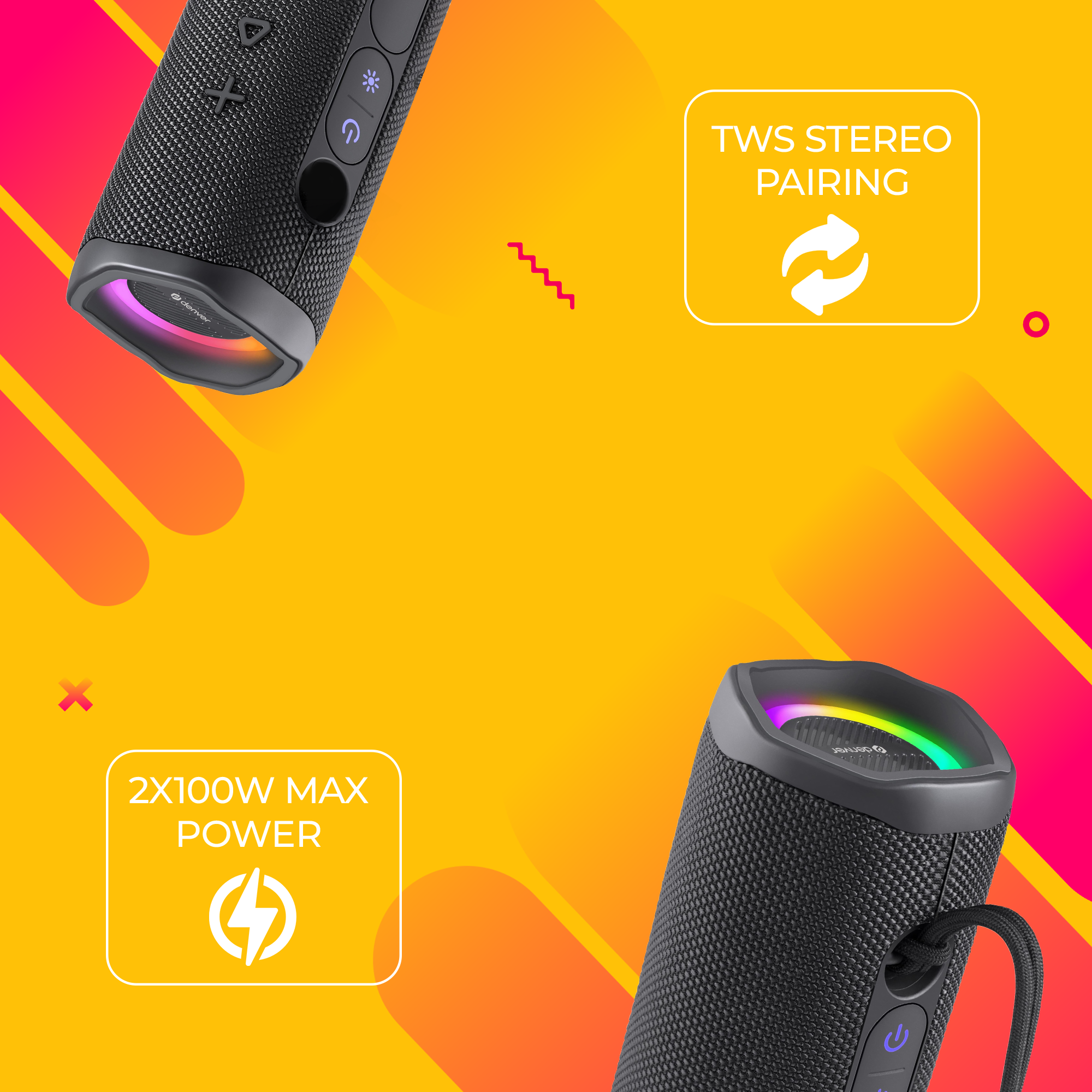 Dwa czarne głośniki przenośne z żółtym tłem. Głośniki mają paski świetlne i przyciski sterowania.