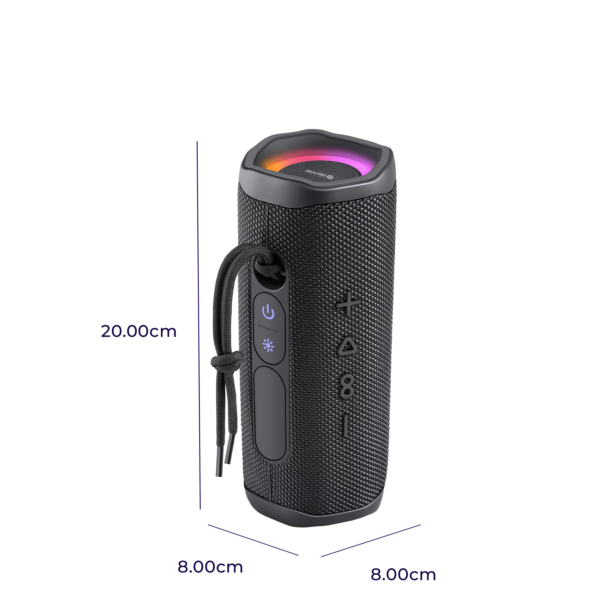 Czarny głośnik cylindryczny z etykietami. Ma przyciski, przycisk zasilania i światło.