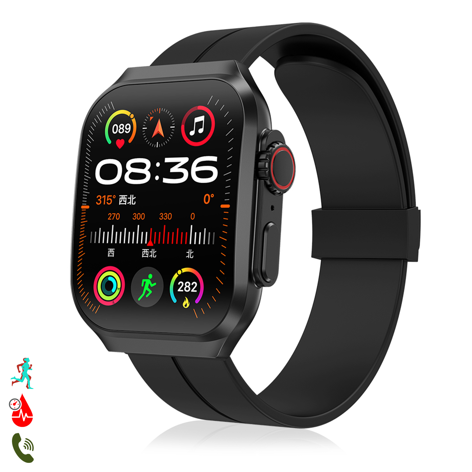 Smartwatch nero con schermo curvo e cinturino nero. Visualizza ora, data e metriche di salute.