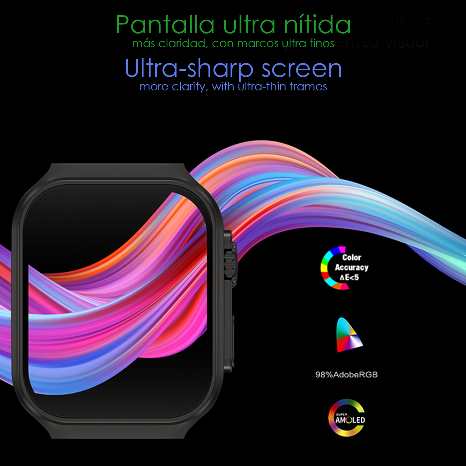 Smartwatch nero su sfondo colorato con testo sulla nitidezza dello schermo e accuratezza dei colori.