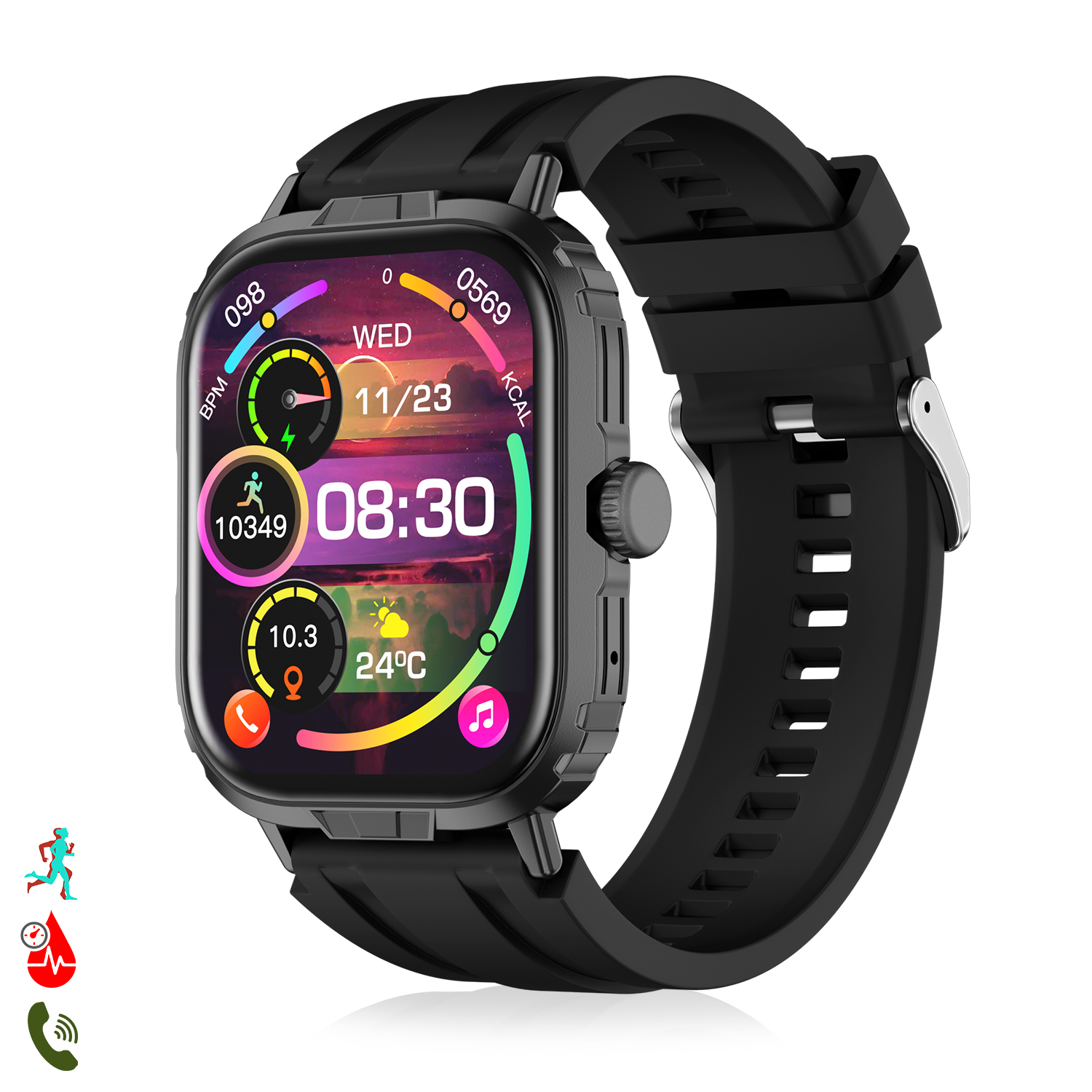 Smartwatch nero con display rotondo che mostra ora e dati sanitari. Cinturino nero e sfondo bianco.